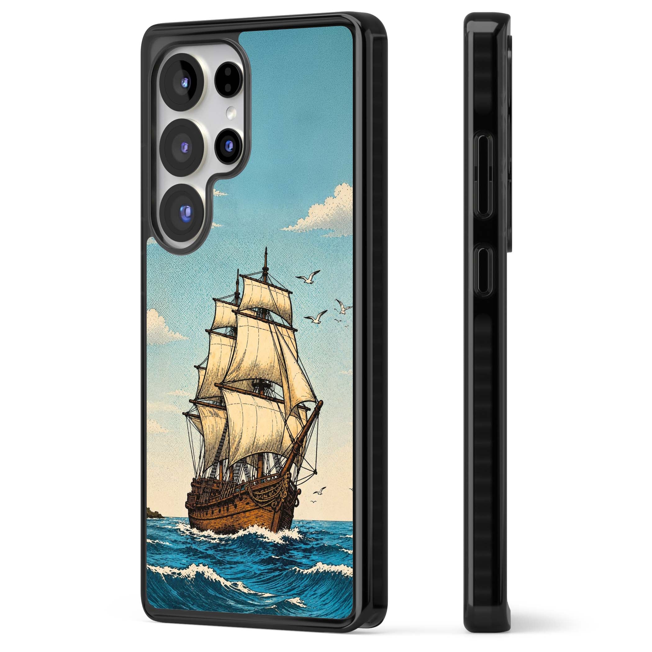 Ship at Sea nautical iPhone case featuring a vintage tall ship, ocean waves and seagulls | Black Impact case for Samsung Galaxy S25 Ultra