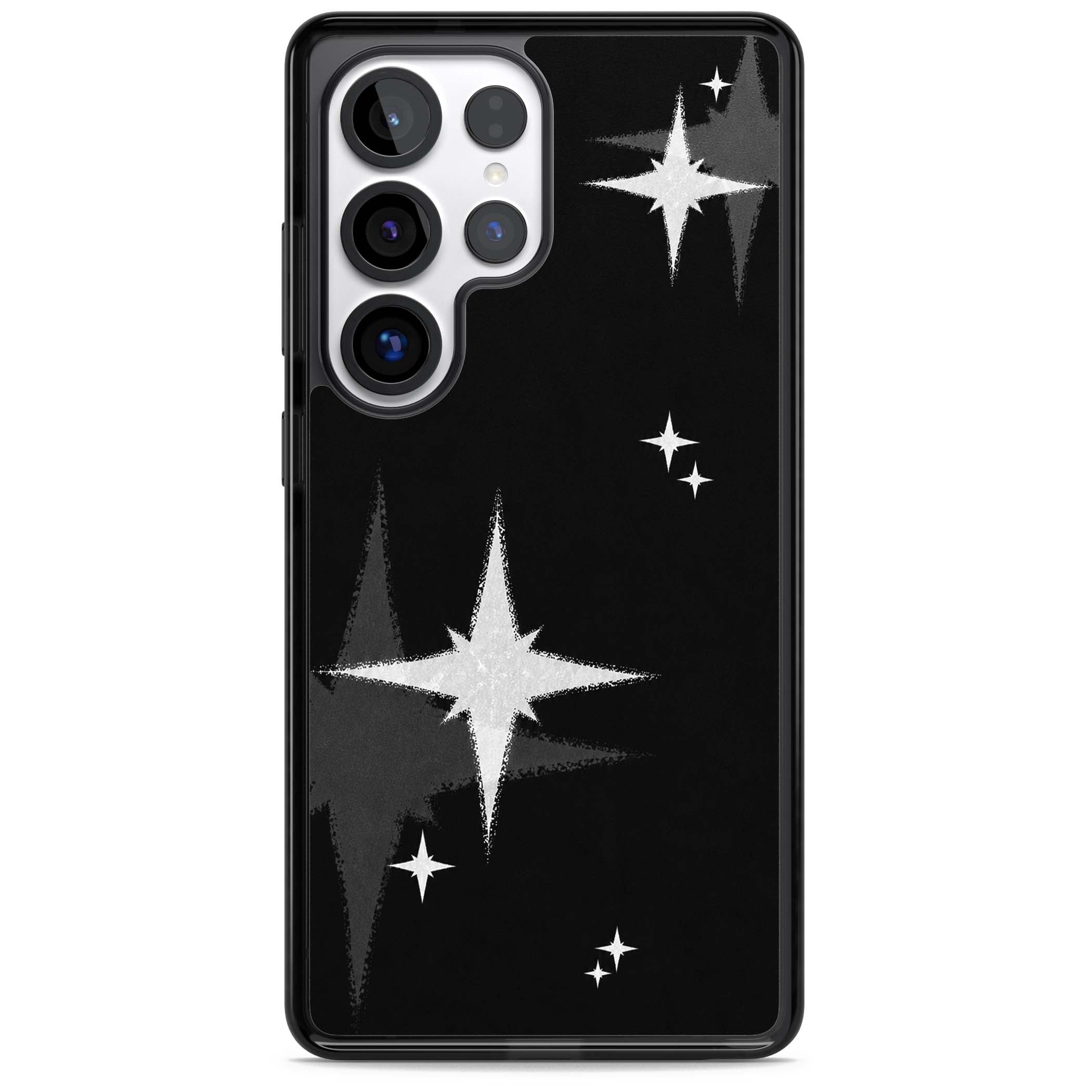 Black Sparkle celestial iPhone case featuring white sparkle stars on a black night sky background | Black Impact case for Samsung Galaxy S25 Ultra