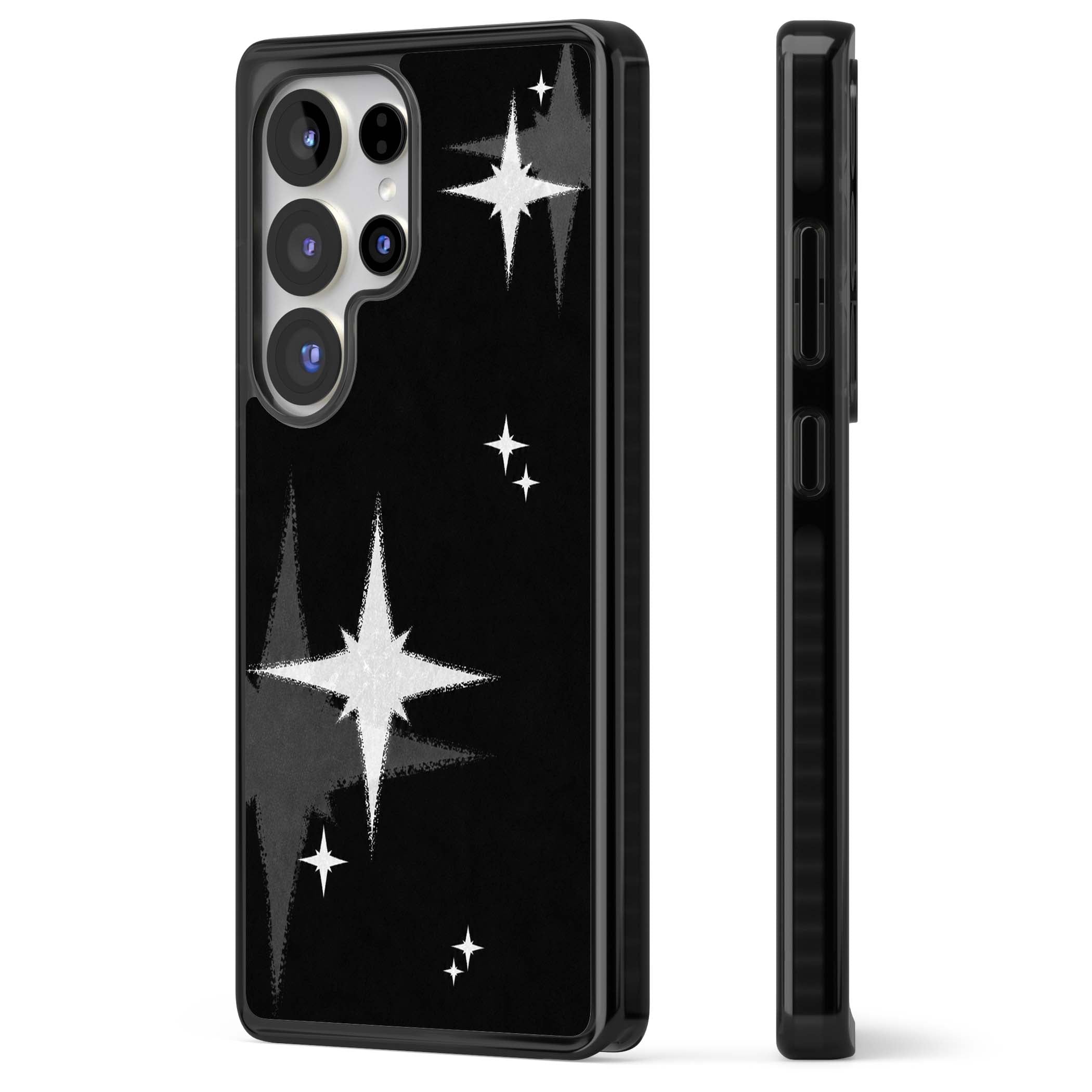 Black Sparkle celestial iPhone case featuring white sparkle stars on a black night sky background | Black Impact case for Samsung Galaxy S25 Ultra