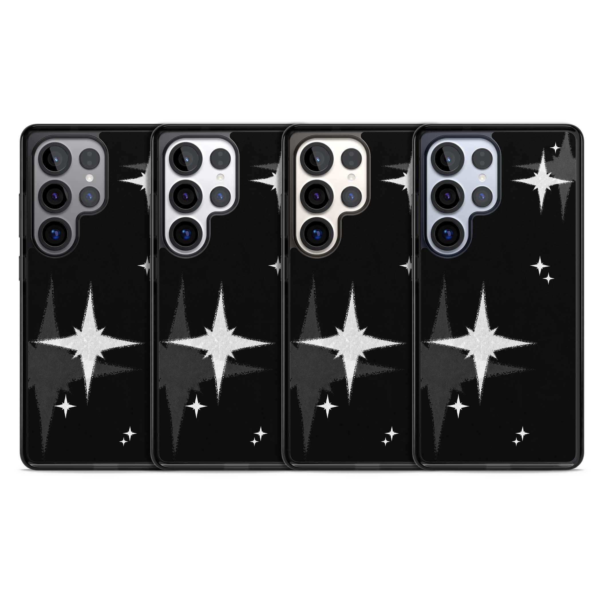 Black Sparkle celestial iPhone case featuring white sparkle stars on a black night sky background | Black Impact case for Samsung Galaxy S25 Ultra