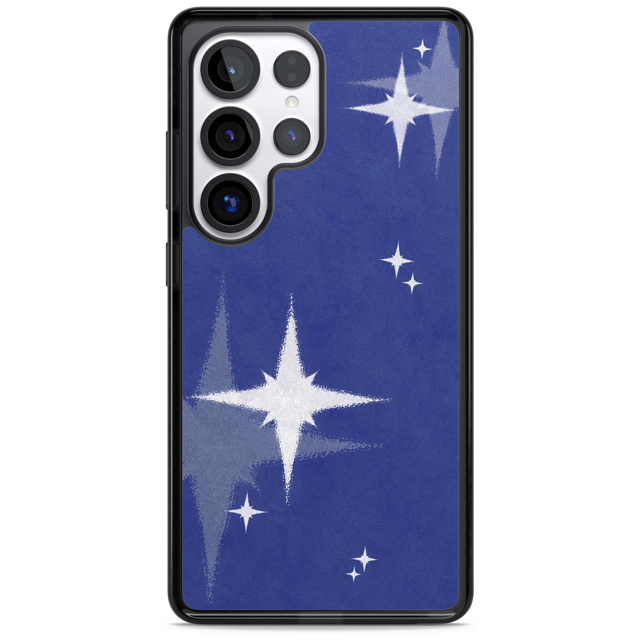 Blue Sparkle celestial iPhone case featuring sparkling silver stars on a deep blue painterly night sky | Black Impact case for Samsung Galaxy S25 Ultra