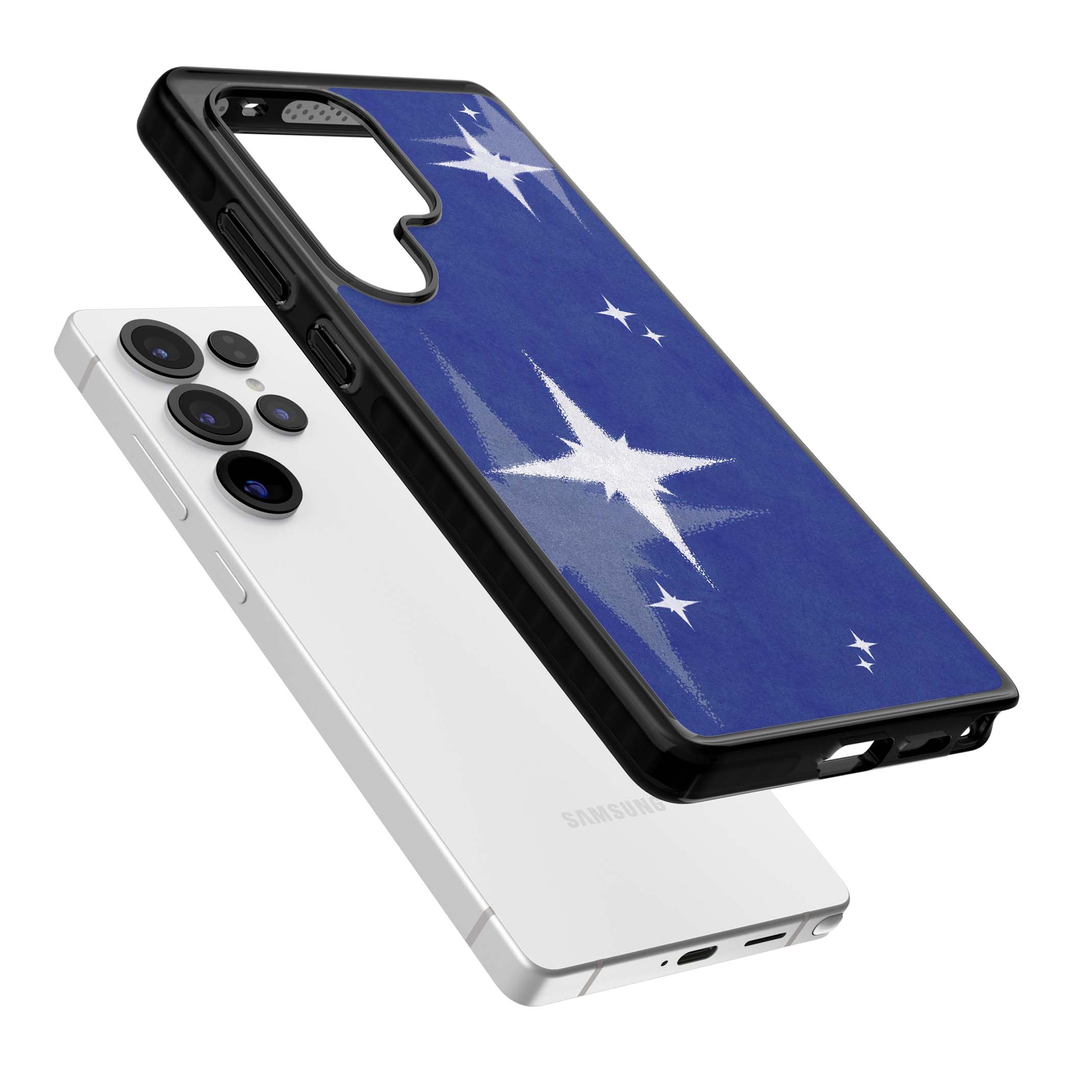 Blue Sparkle celestial iPhone case featuring sparkling silver stars on a deep blue painterly night sky | Black Impact case for Samsung Galaxy S25 Ultra