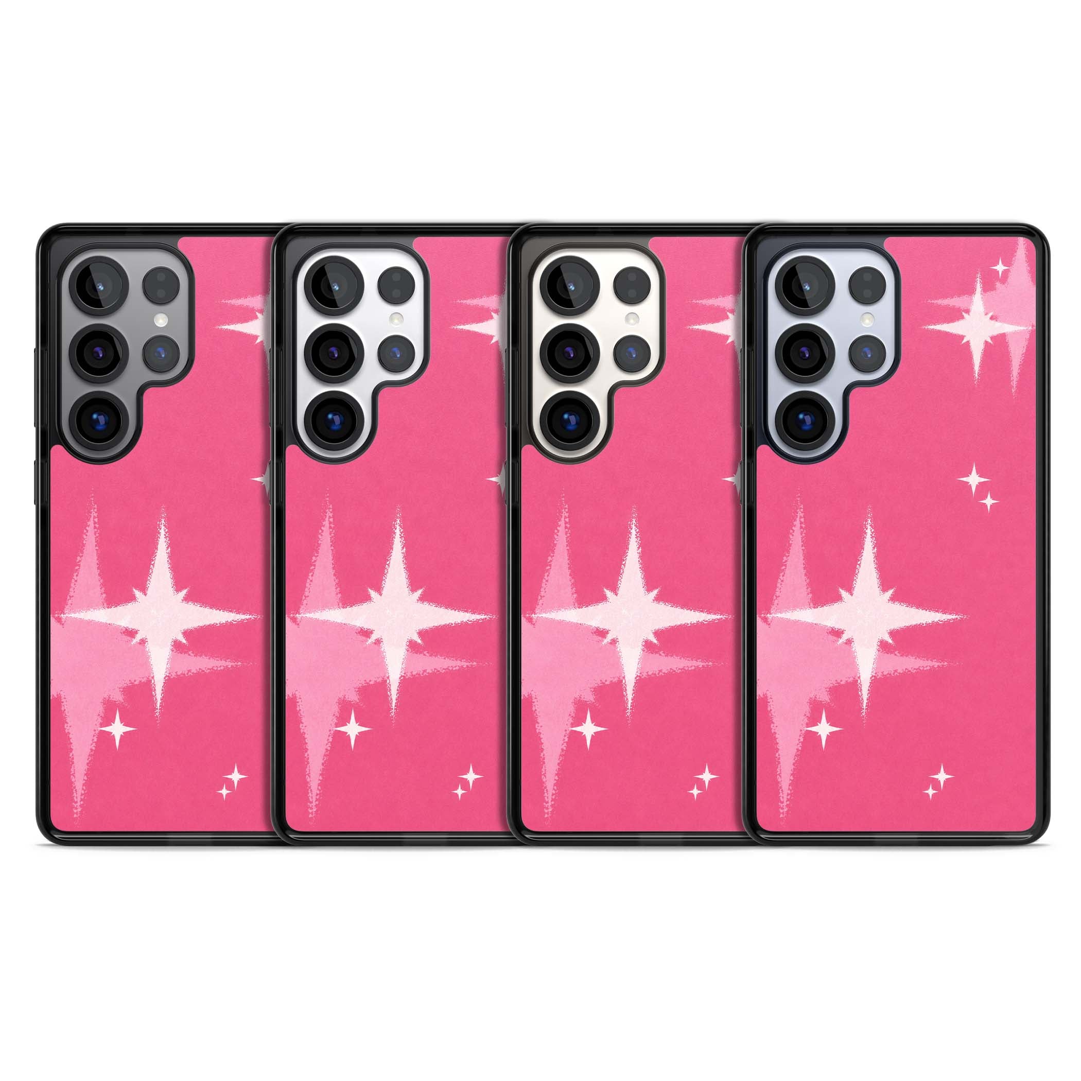 Pink Sparkle Y2K iPhone case featuring hot pink background with shimmering white starburst pattern | Black Impact case for Samsung Galaxy S25 Ultra