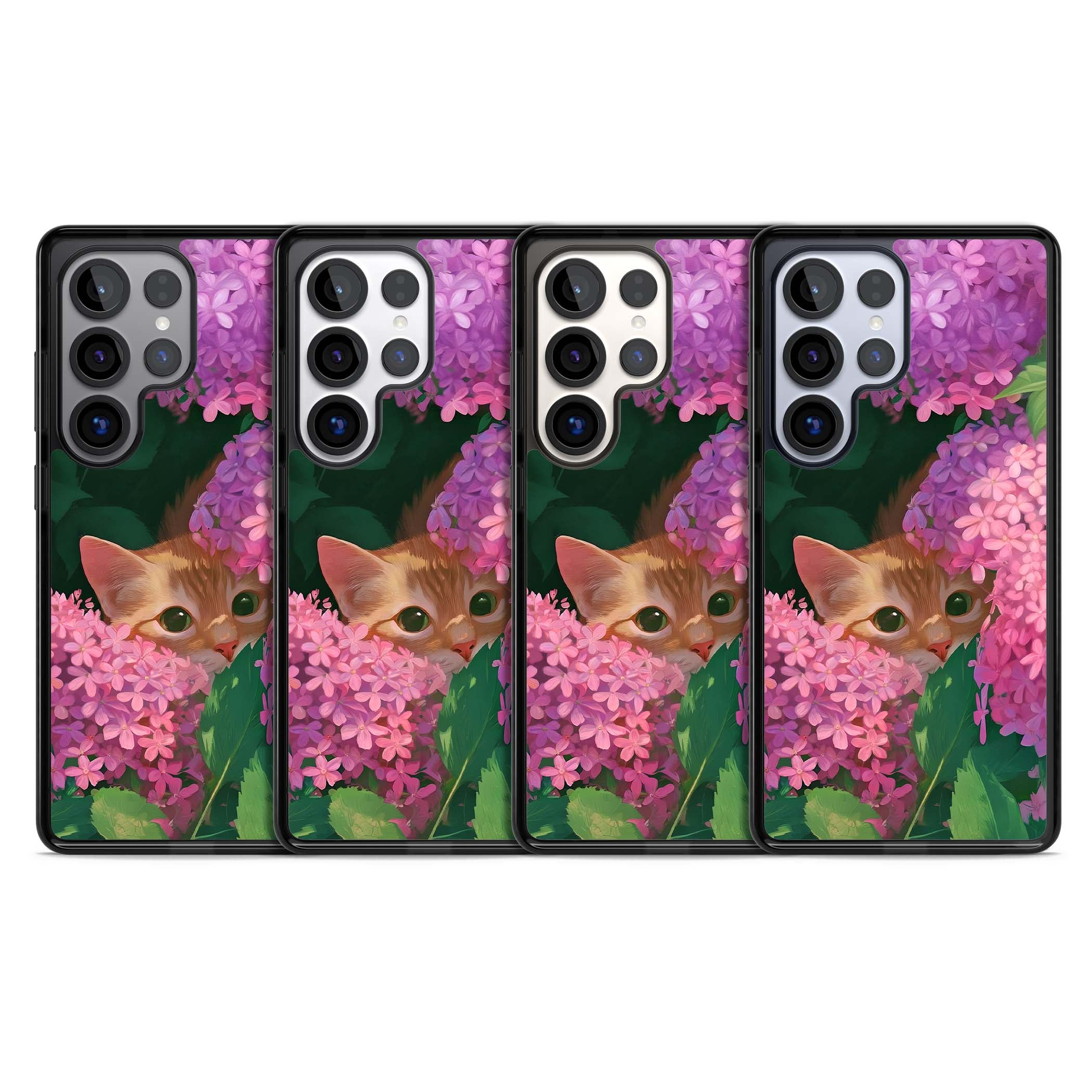 Cat In Pink Flowers cottagecore iPhone case featuring a ginger kitten peeking through lilac and pink hydrangea flo | Black Impact case for Samsung Galaxy S25 Ultra