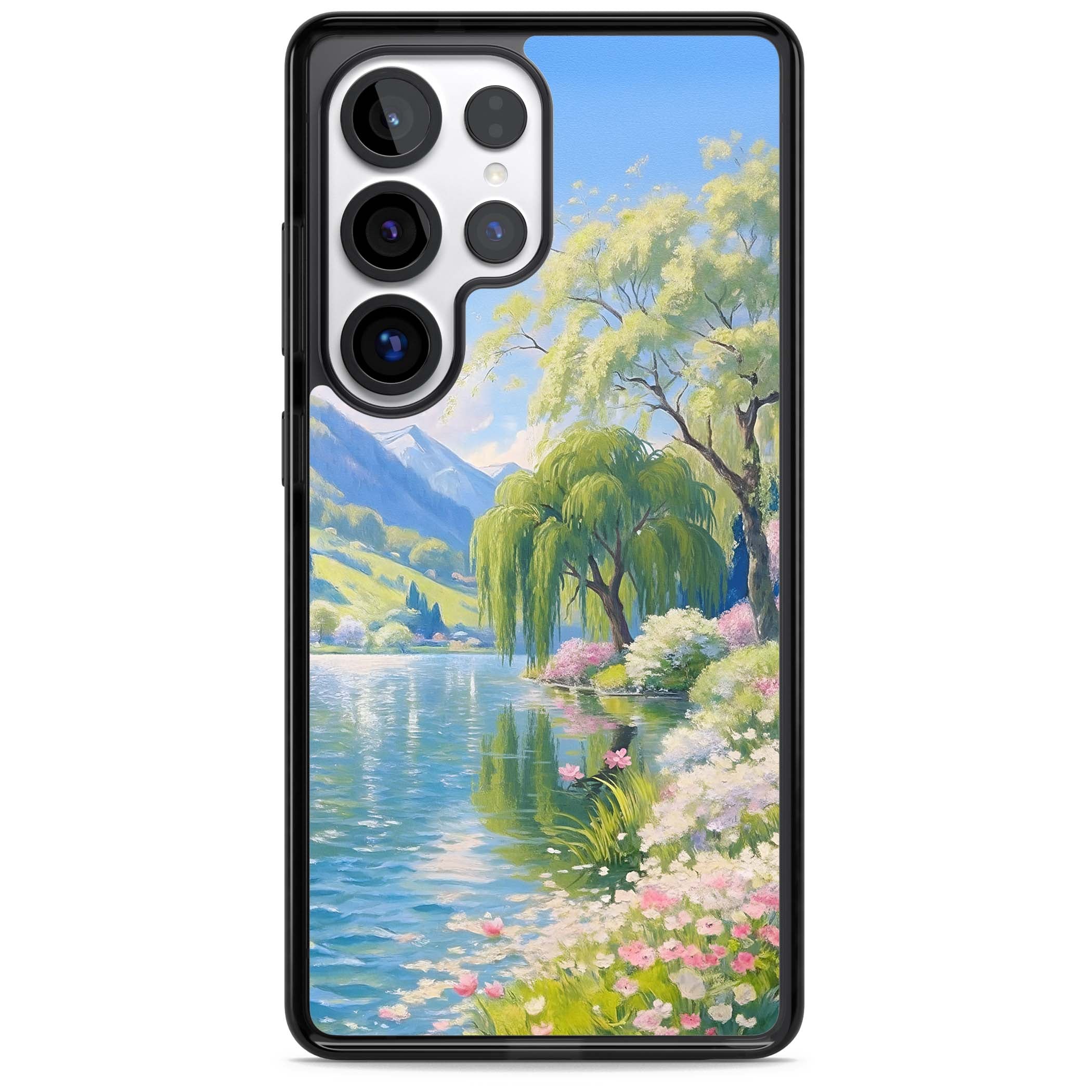 Willow Lake cottagecore iPhone case featuring a painted lakeside with weeping willow, blossoms and distant mountains | Black Impact case for Samsung Galaxy S25 Ultra