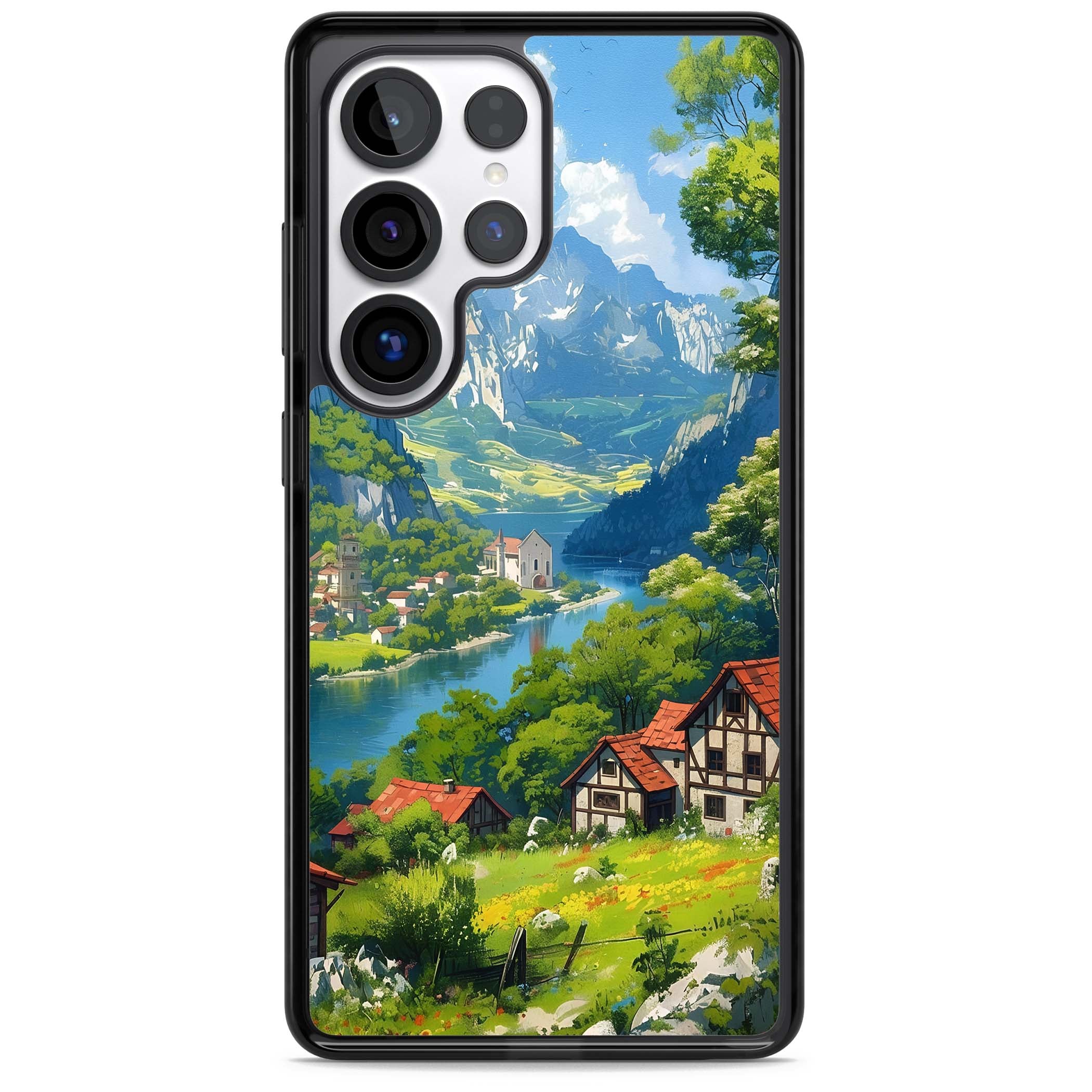Village In The Valley anime iPhone case featuring a painted mountain village, river valley and half-timbered cottages. | Black Impact case for Samsung Galaxy S25 Ultra