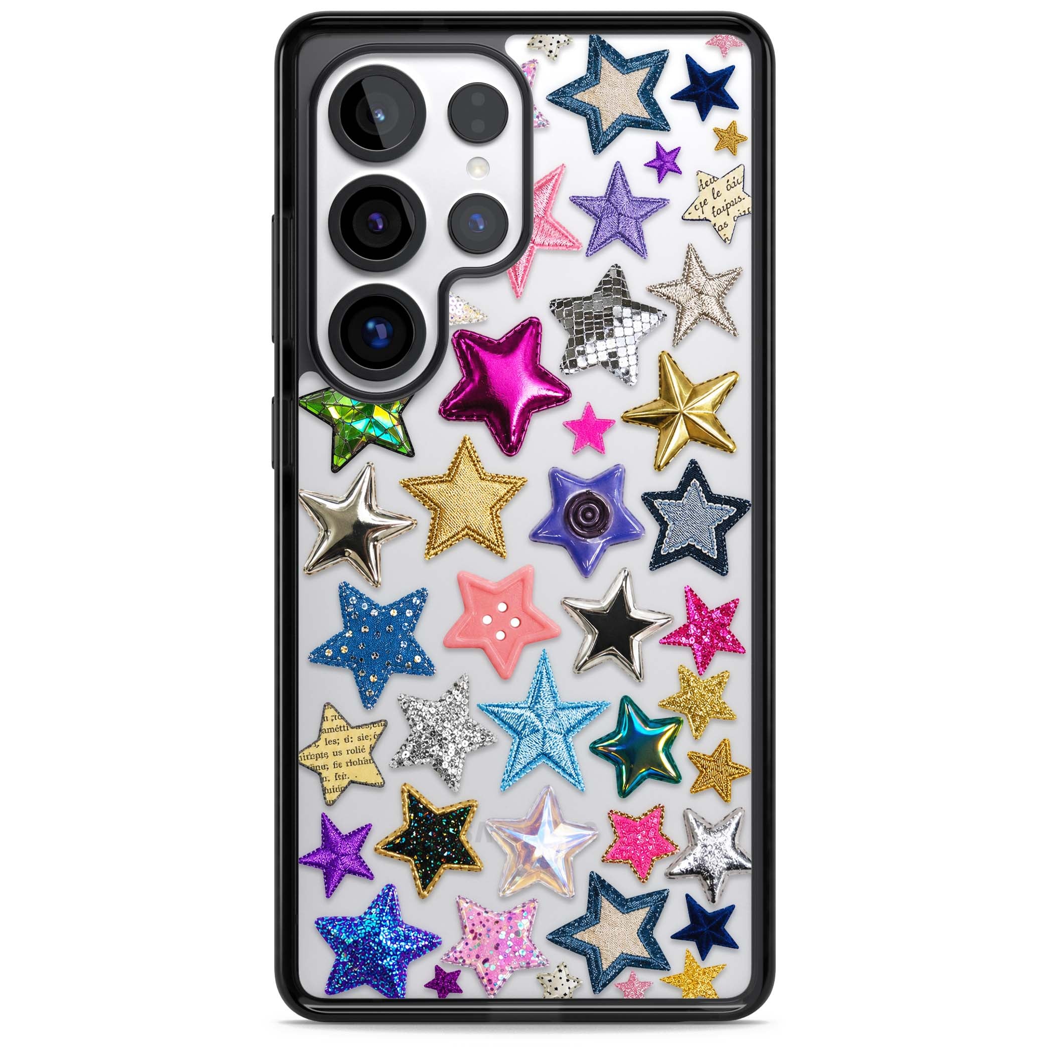 Crafty Star Mix Y2K iPhone case featuring embroidered, sequinned and glitter star patches in rainbow colours | Black Impact case for Samsung Galaxy S25 Ultra