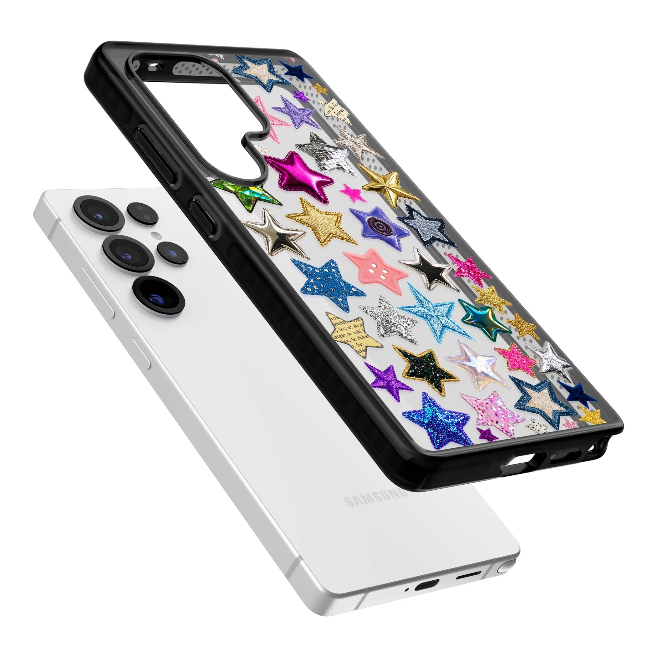 Crafty Star Mix Y2K iPhone case featuring embroidered, sequinned and glitter star patches in rainbow colours | Black Impact case for Samsung Galaxy S25 Ultra