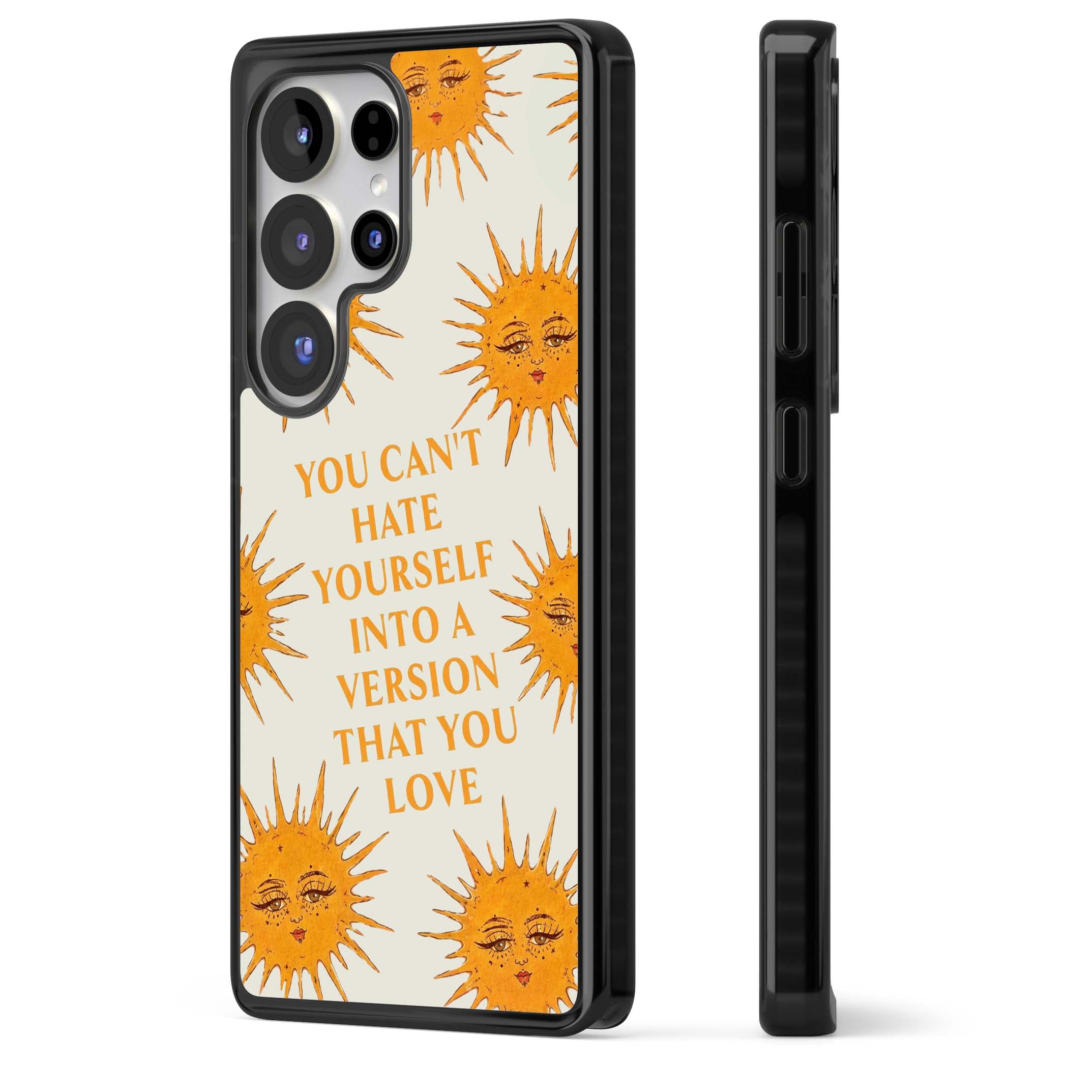 Don't Hate Yourself celestial iPhone case featuring vintage sun faces, ochre rays and a self-love quote | Black Impact case for Samsung Galaxy S25 Ultra