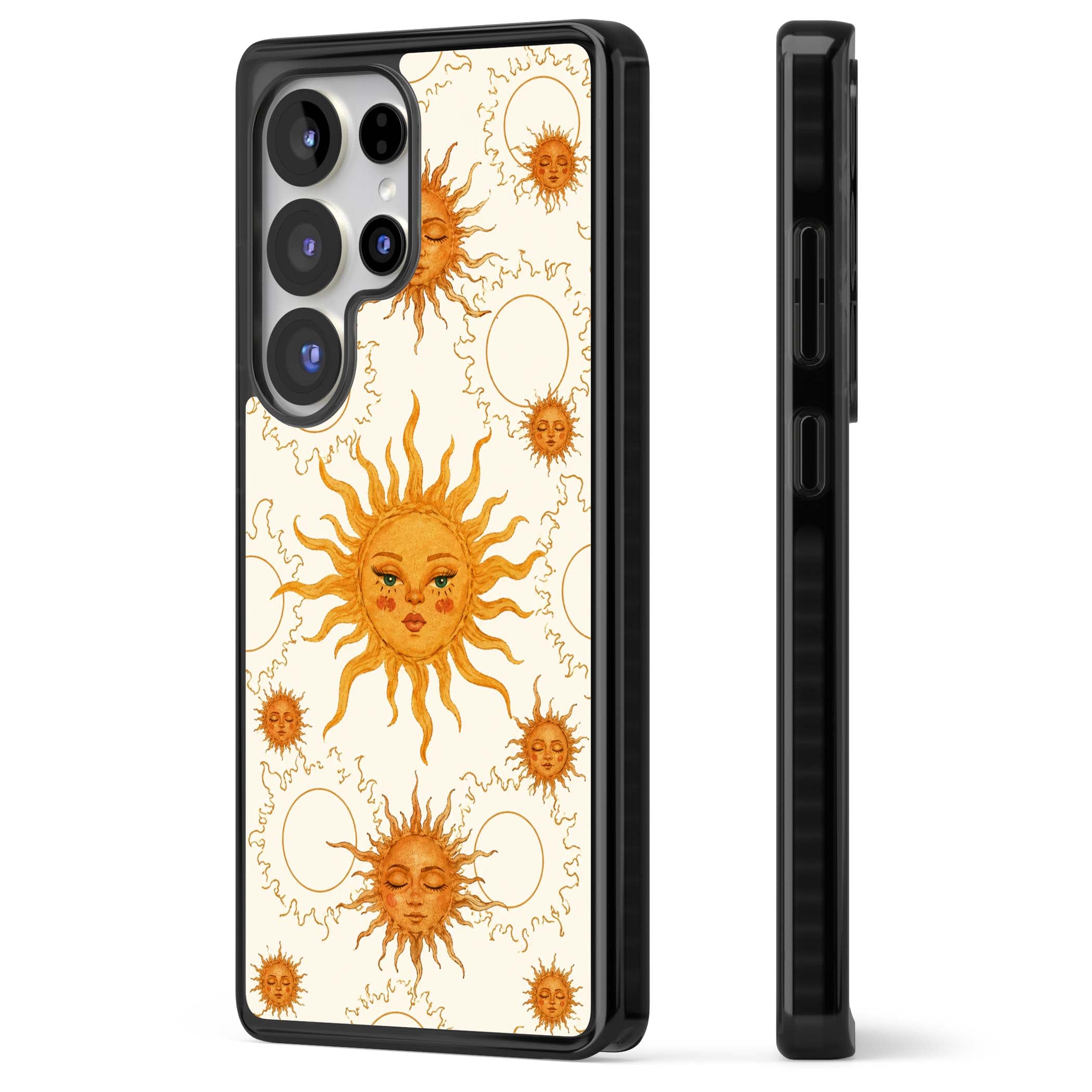 Solstice Muse celestial iPhone case featuring hand-painted golden sun faces, closed-eye sun goddesses and outlined moons... | Black Impact case for Samsung Galaxy S25 Ultra