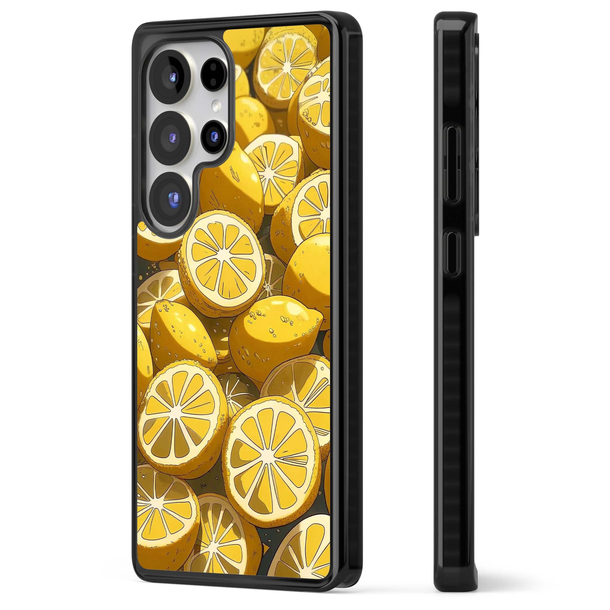 Zesty coastal iPhone case featuring illustrated Mediterranean lemons and citrus slices in golden yellow | Black Impact case for Samsung Galaxy S25 Ultra