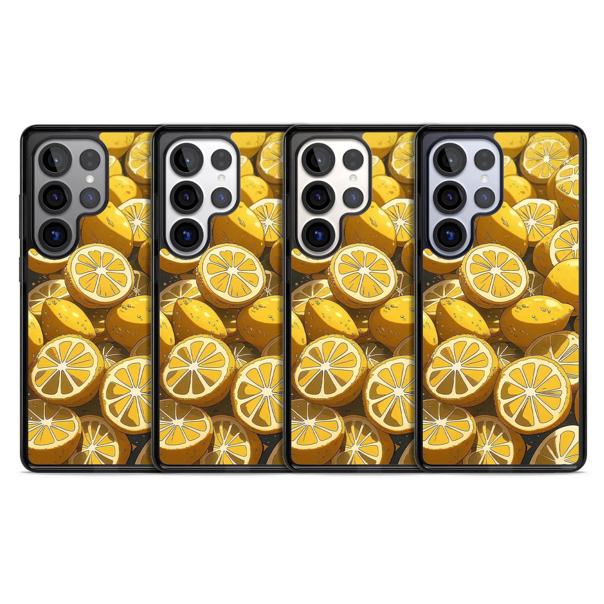 Zesty coastal iPhone case featuring illustrated Mediterranean lemons and citrus slices in golden yellow | Black Impact case for Samsung Galaxy S25 Ultra