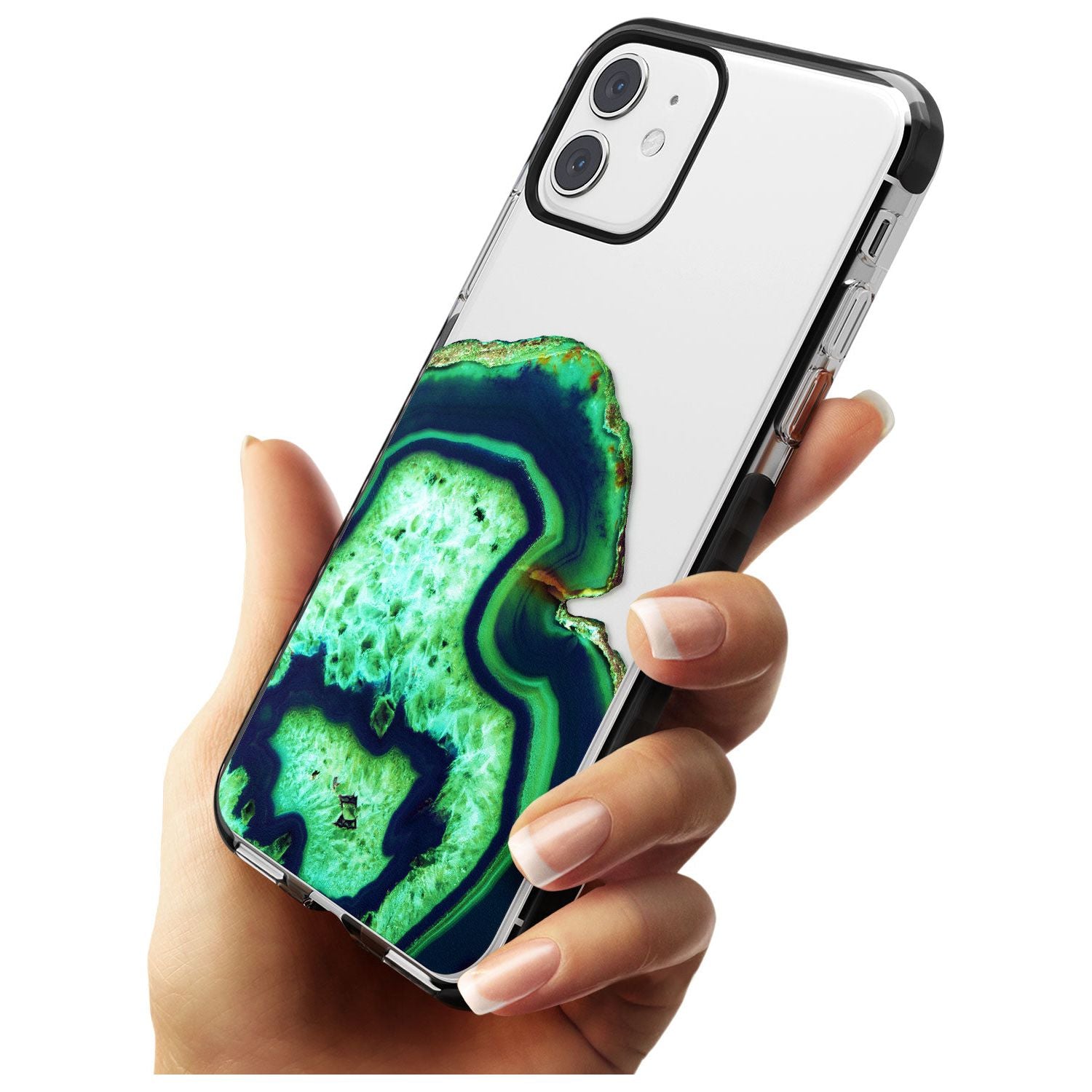 Neon Green & Blue Agate Crystal Transparent Design Black Impact Phone Case for iPhone 11