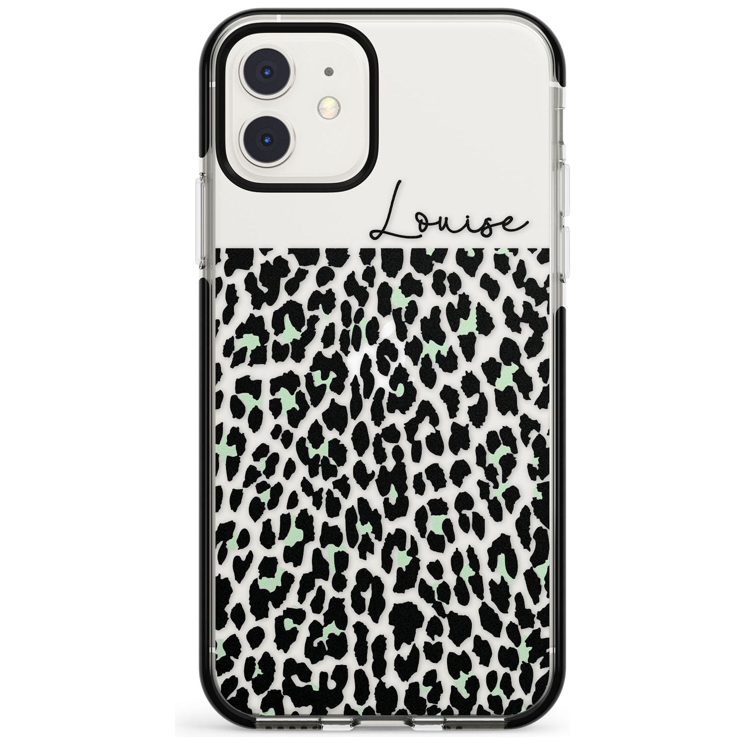 CustomSeafoam Green & Cursive Leopard Spots Black Impact Phone Case for iPhone 11