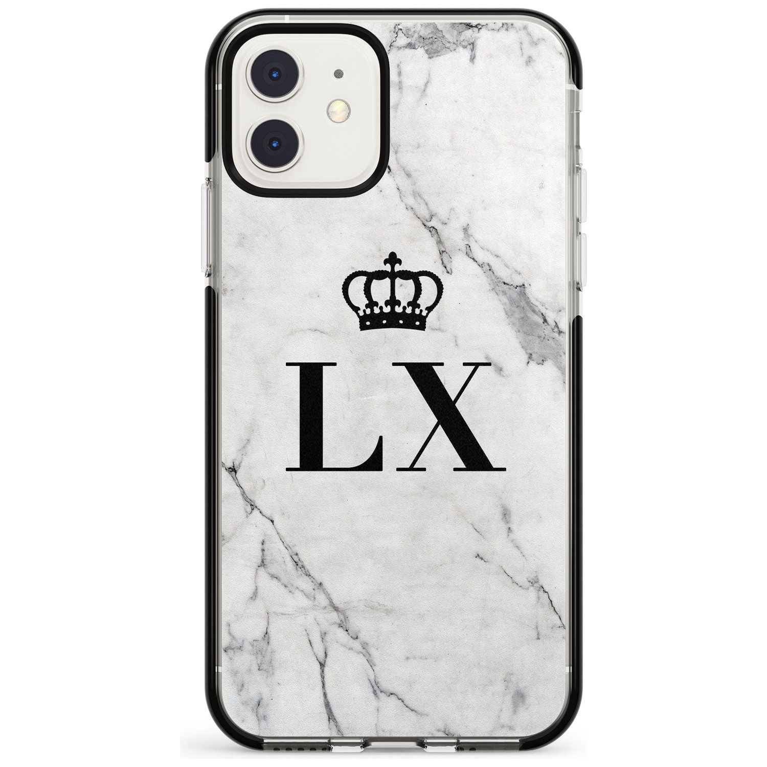 Personalised Initials with Crown on White Marble Black Impact Phone Case for iPhone 11