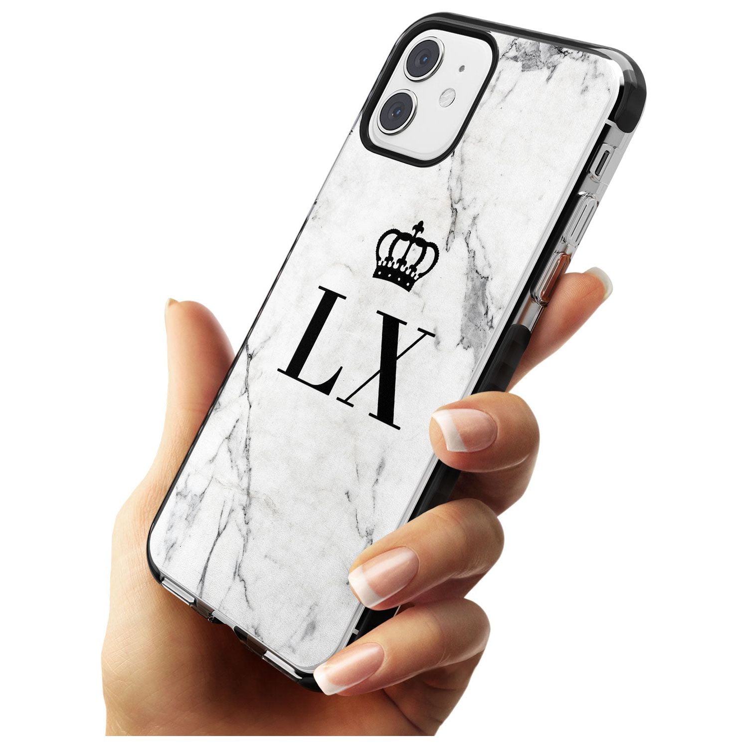 Personalised Initials with Crown on White Marble Black Impact Phone Case for iPhone 11