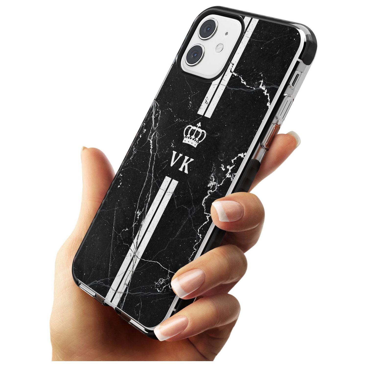 Stripes + Initials with Crown on Black Marble Black Impact Phone Case for iPhone 11