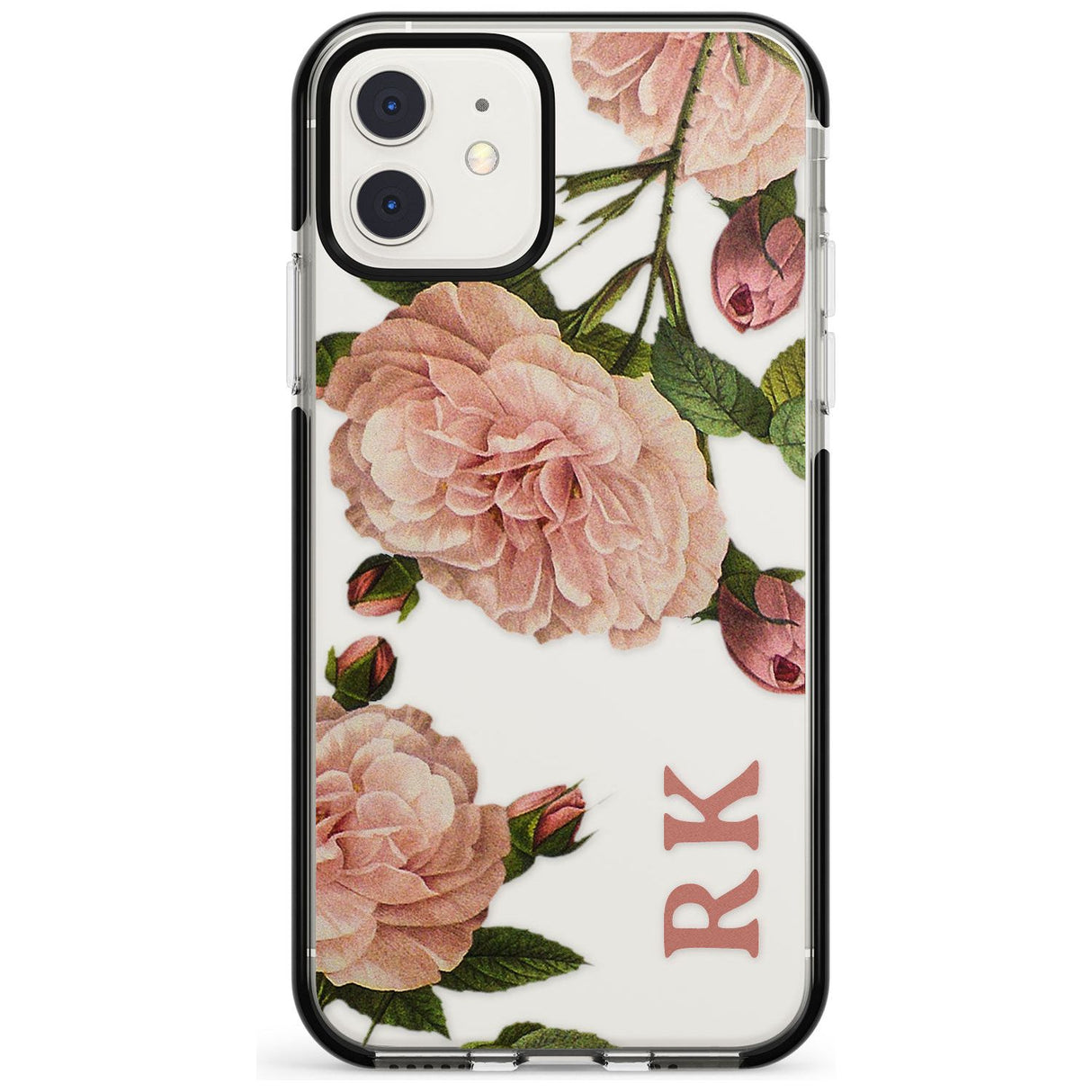 Custom Clear Vintage Floral Pale Pink Peonies Black Impact Phone Case for iPhone 11