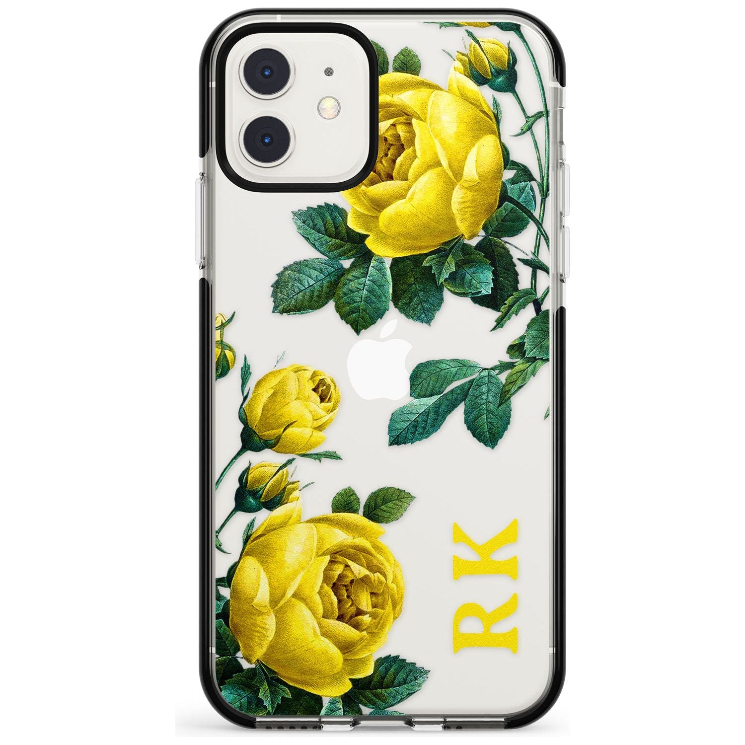 Custom Clear Vintage Floral Yellow Roses Black Impact Phone Case for iPhone 11
