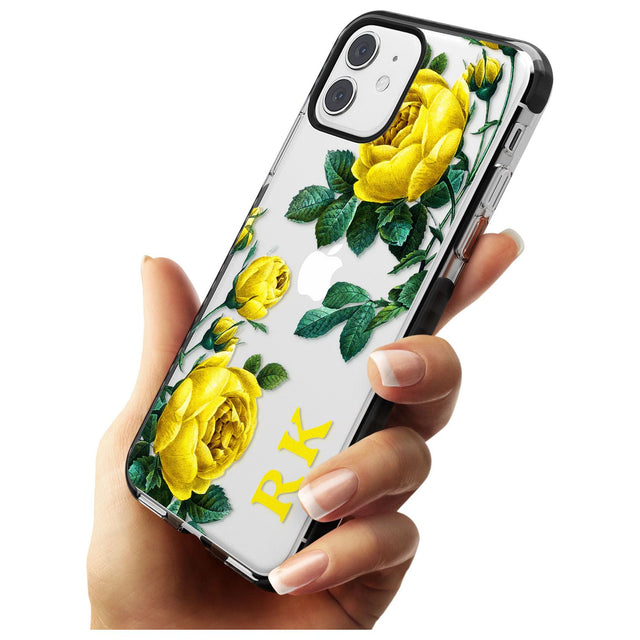 Custom Clear Vintage Floral Yellow Roses Black Impact Phone Case for iPhone 11