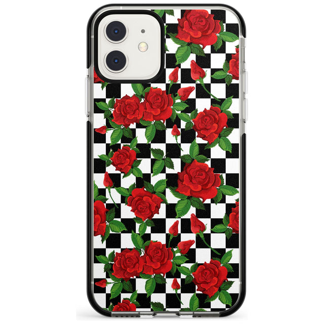 Checkered Pattern & Red Roses Black Impact Phone Case for iPhone 11