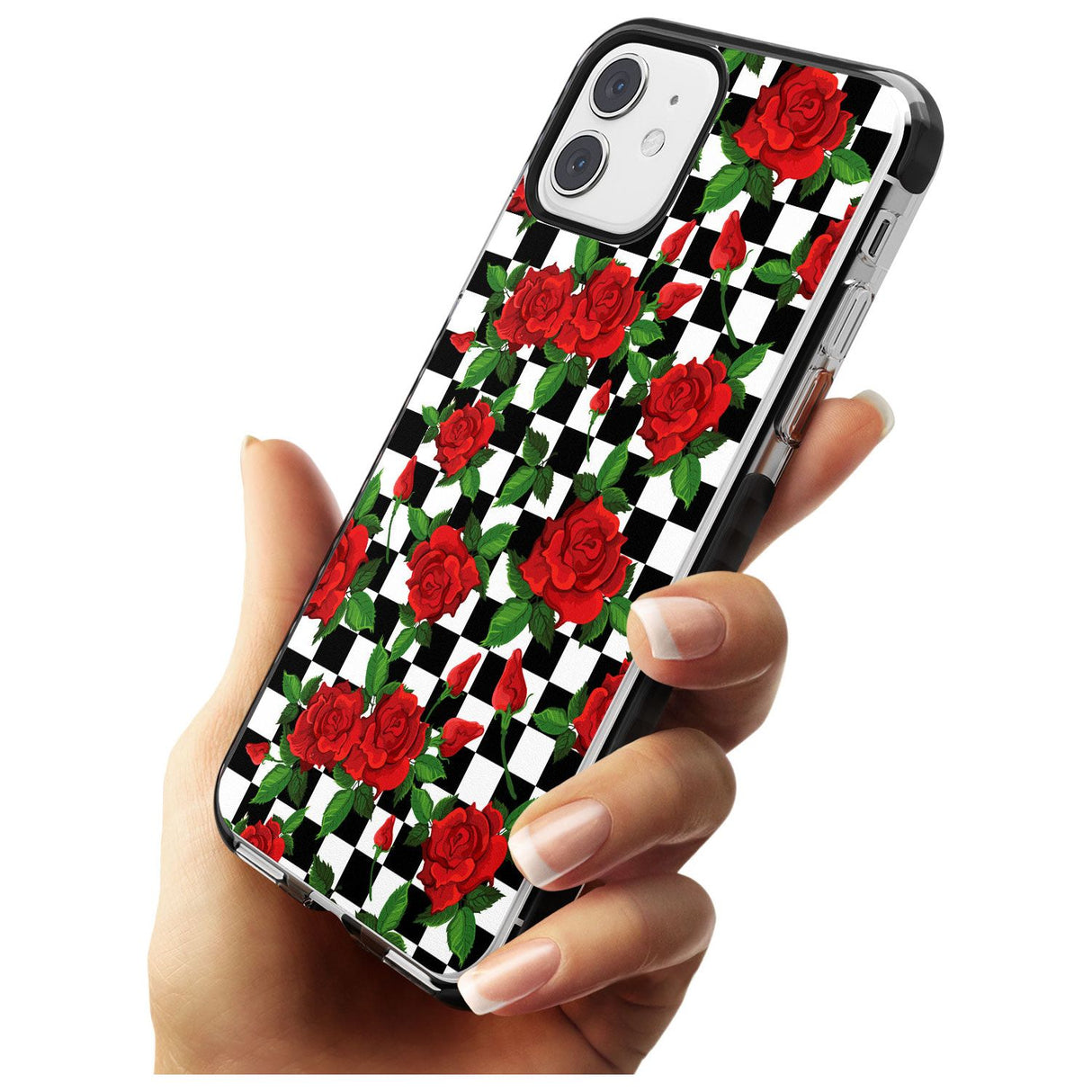 Checkered Pattern & Red Roses Black Impact Phone Case for iPhone 11