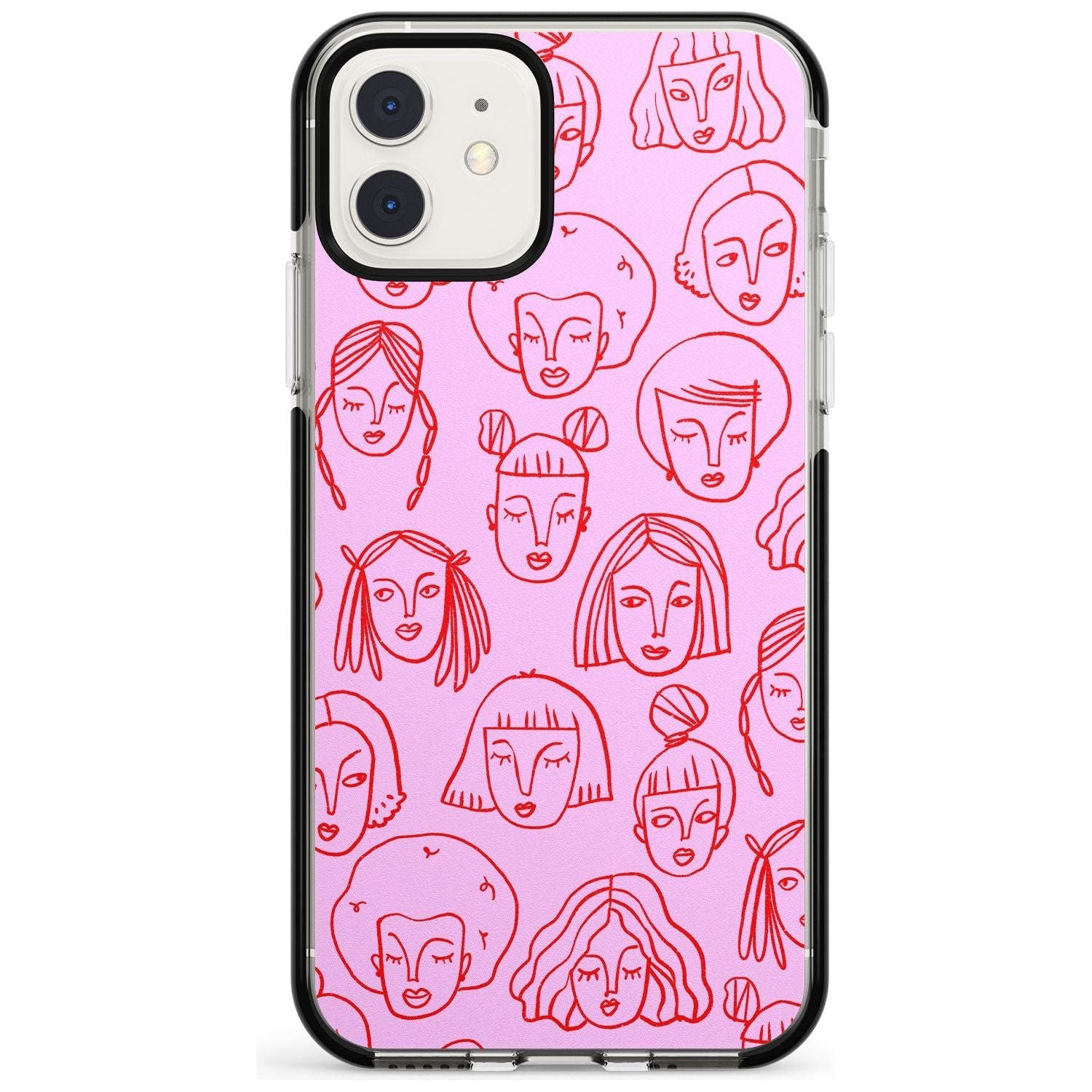 Girl Portrait Doodles in Pink & Red Black Impact Phone Case for iPhone 11