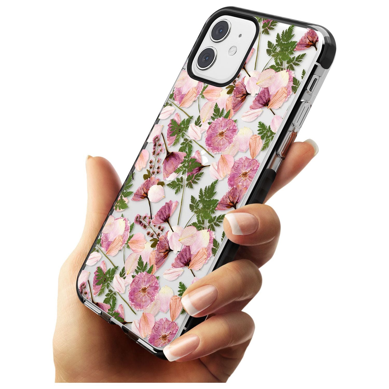 Leafy Floral Pattern Transparent Design Black Impact Phone Case for iPhone 11