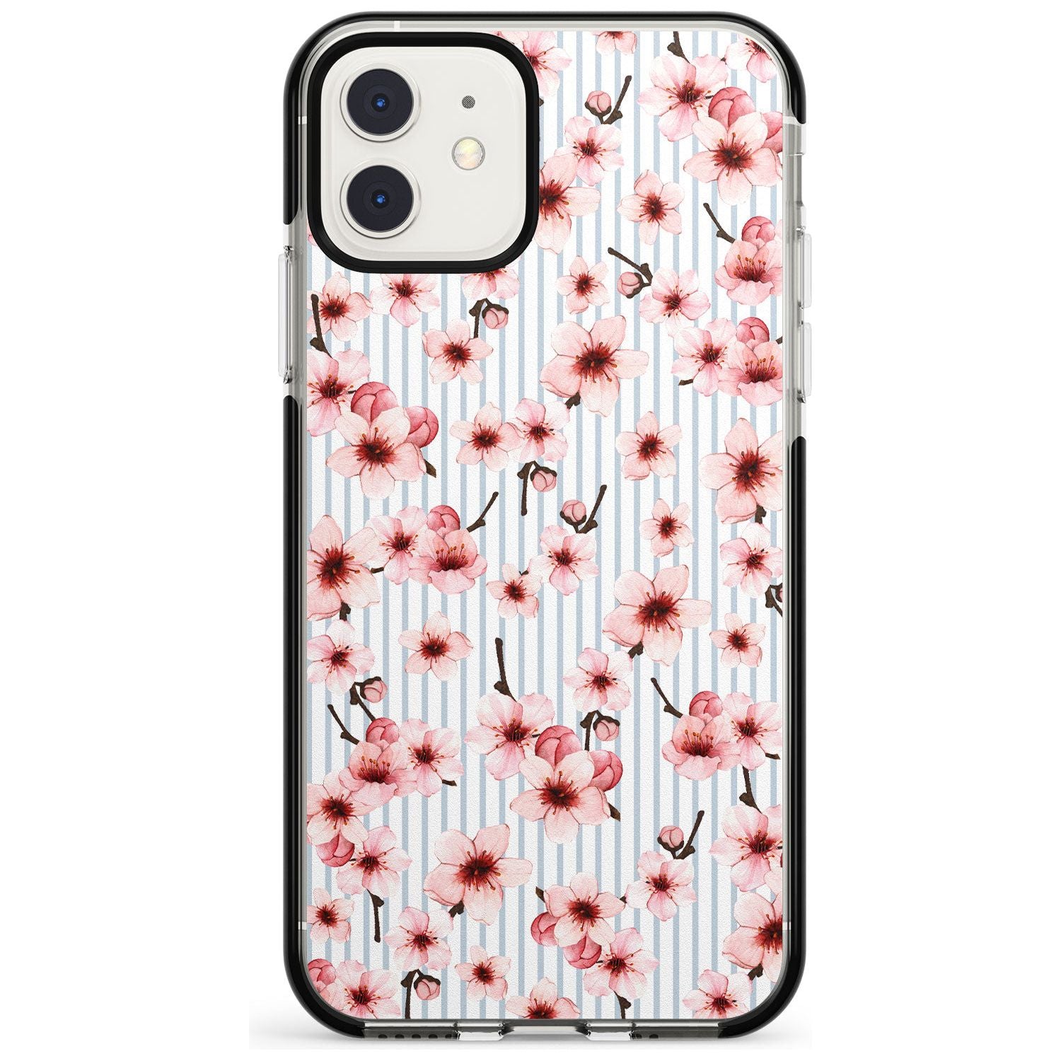 Cherry Blossoms on Blue Stripes Pattern Black Impact Phone Case for iPhone 11