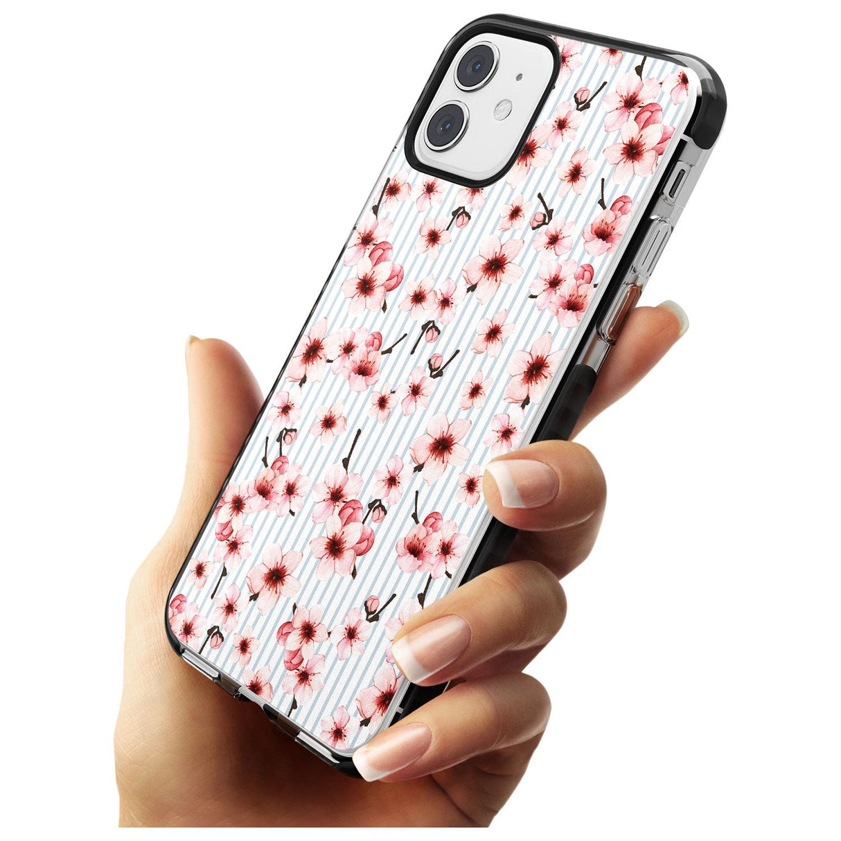 Cherry Blossoms on Blue Stripes Pattern Black Impact Phone Case for iPhone 11