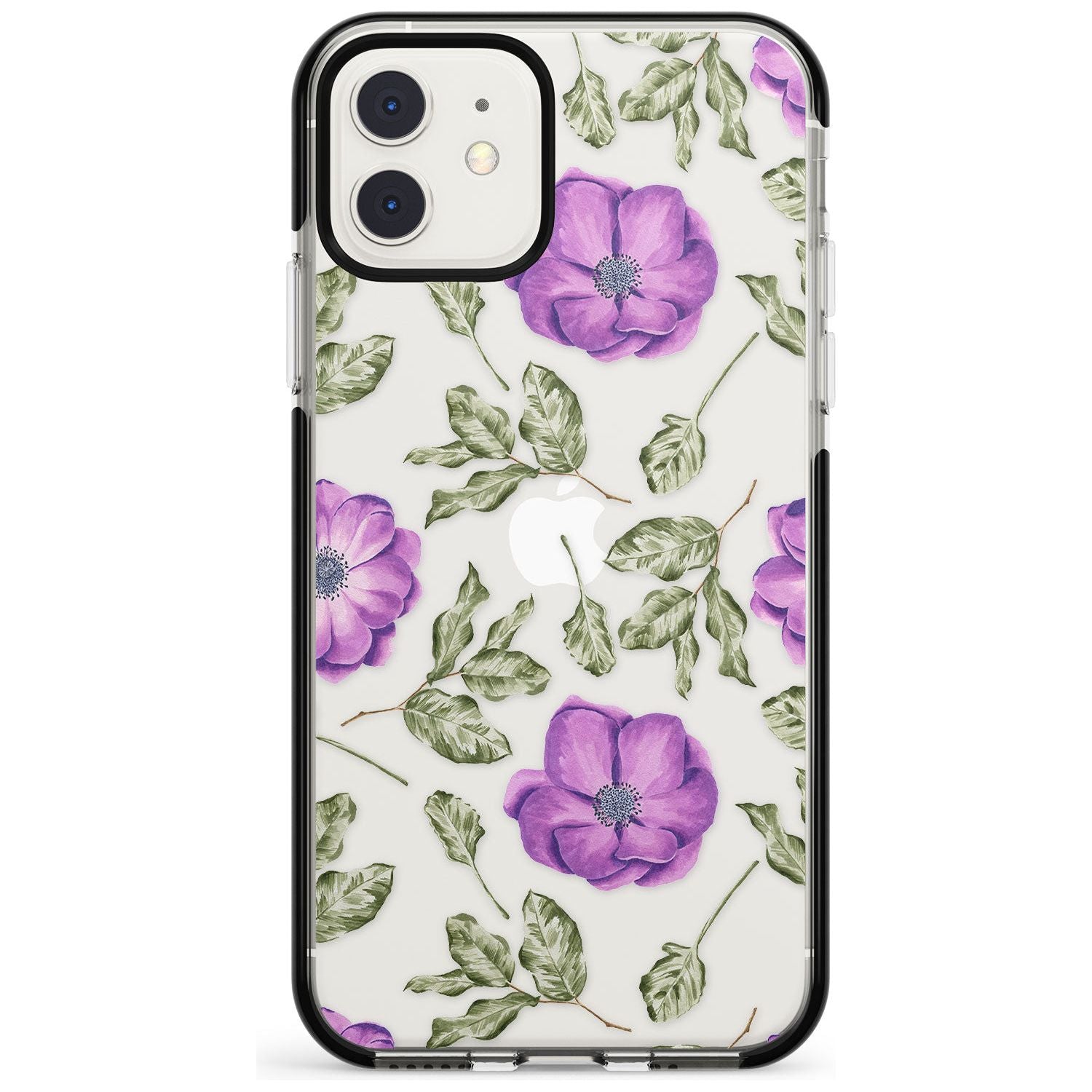Purple Blossoms Transparent Floral Black Impact Phone Case for iPhone 11
