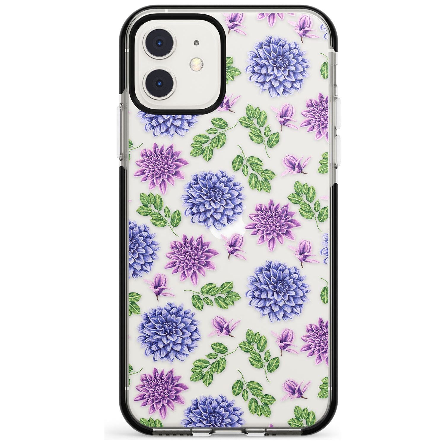 Purple Dahlias Transparent Floral Black Impact Phone Case for iPhone 11