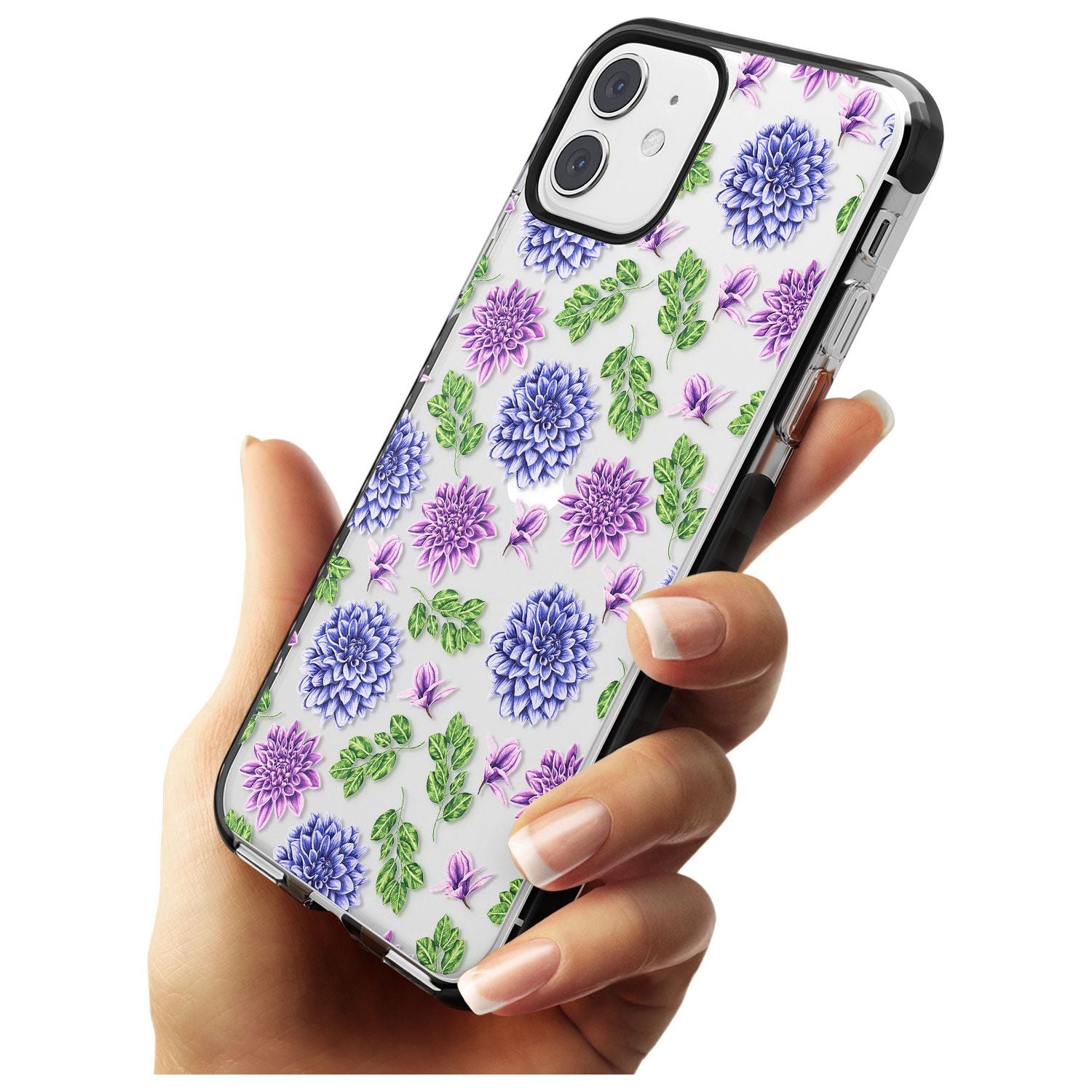 Purple Dahlias Transparent Floral Black Impact Phone Case for iPhone 11