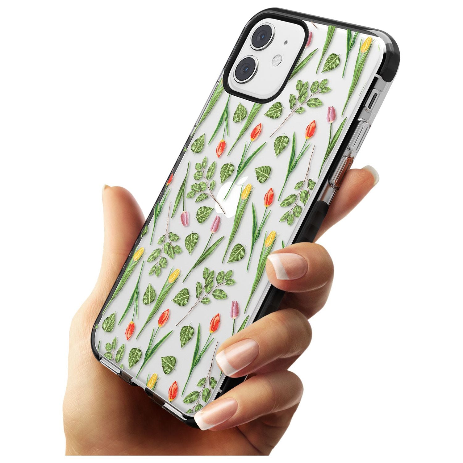 Spring Tulips Transparent Floral Black Impact Phone Case for iPhone 11