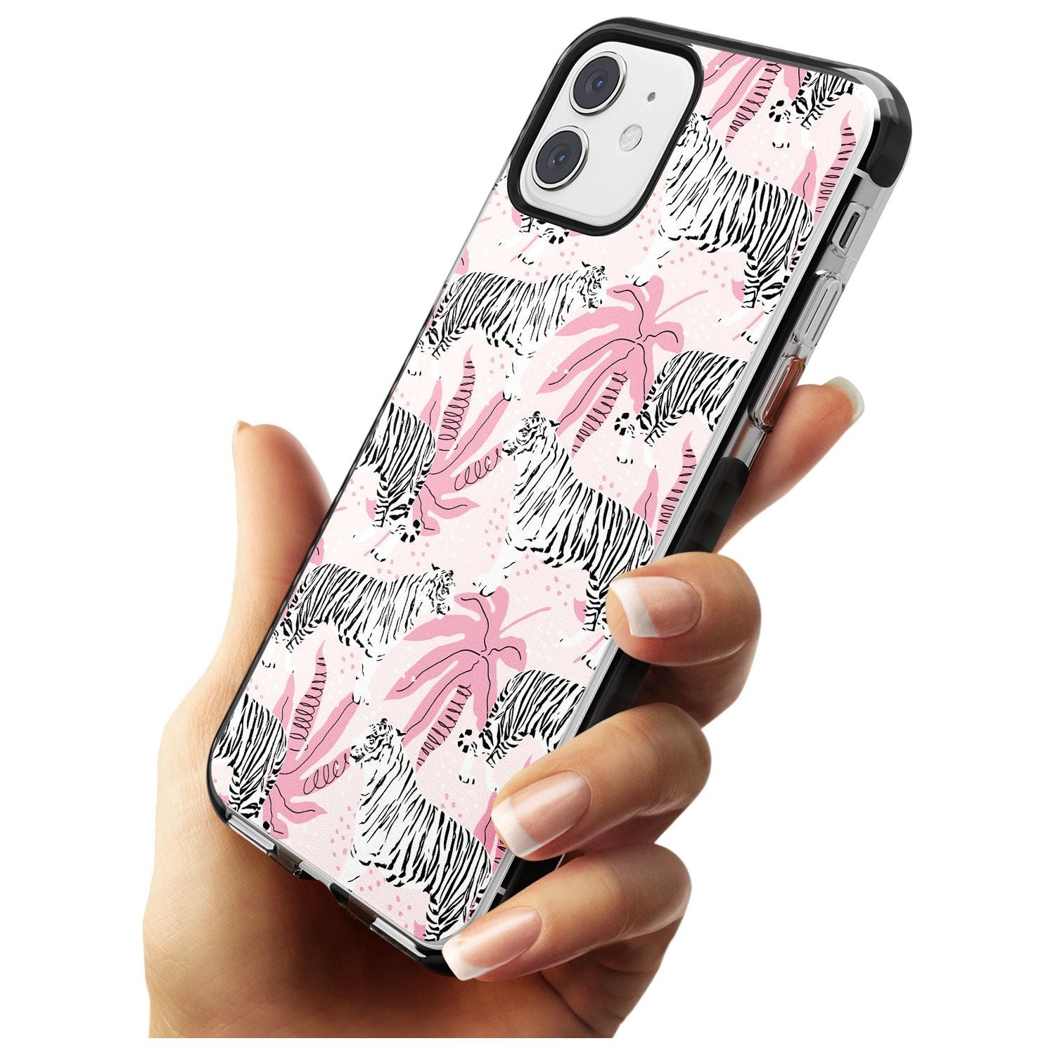 White Tigers on Pink Pattern Black Impact Phone Case for iPhone 11