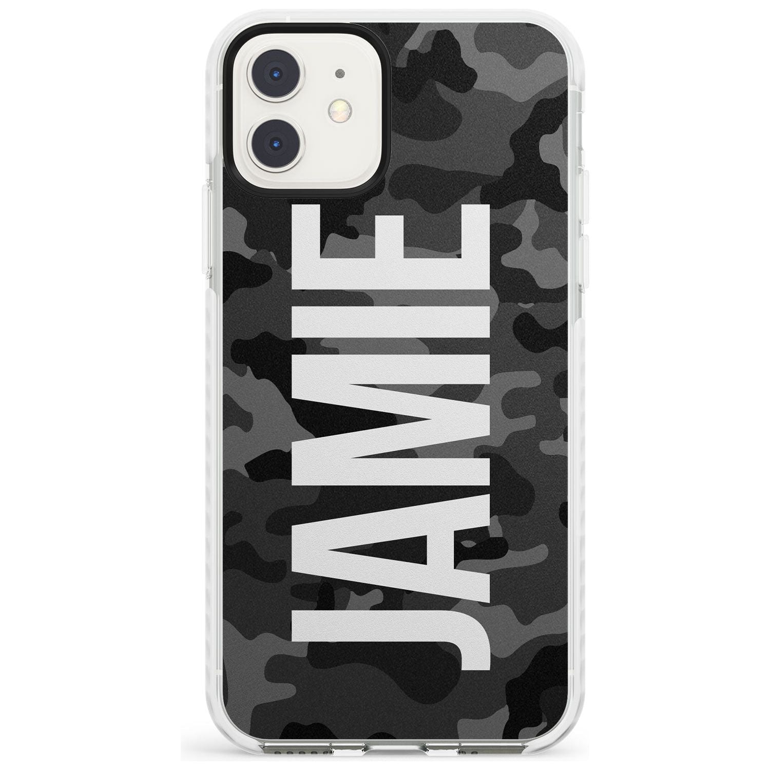 Vertical Name Personalised Black Camouflage Impact Phone Case for iPhone 11