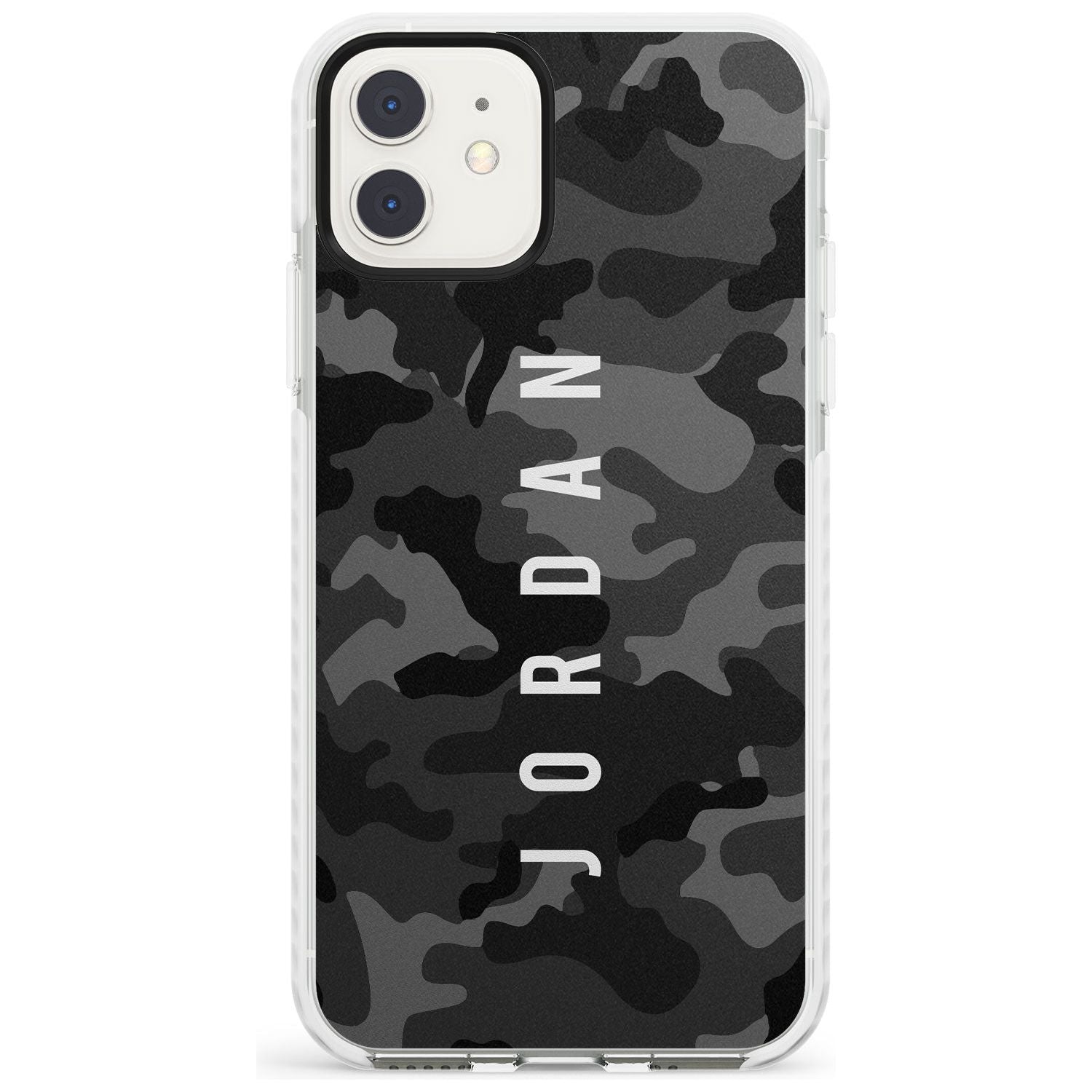 Small Vertical Name Personalised Black Camouflage Impact Phone Case for iPhone 11