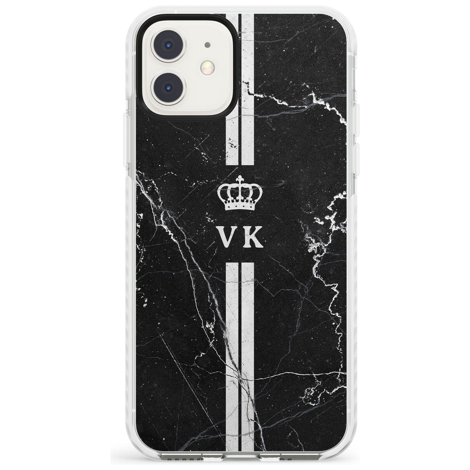 Stripes + Initials with Crown on Black Marble Impact Phone Case for iPhone 11