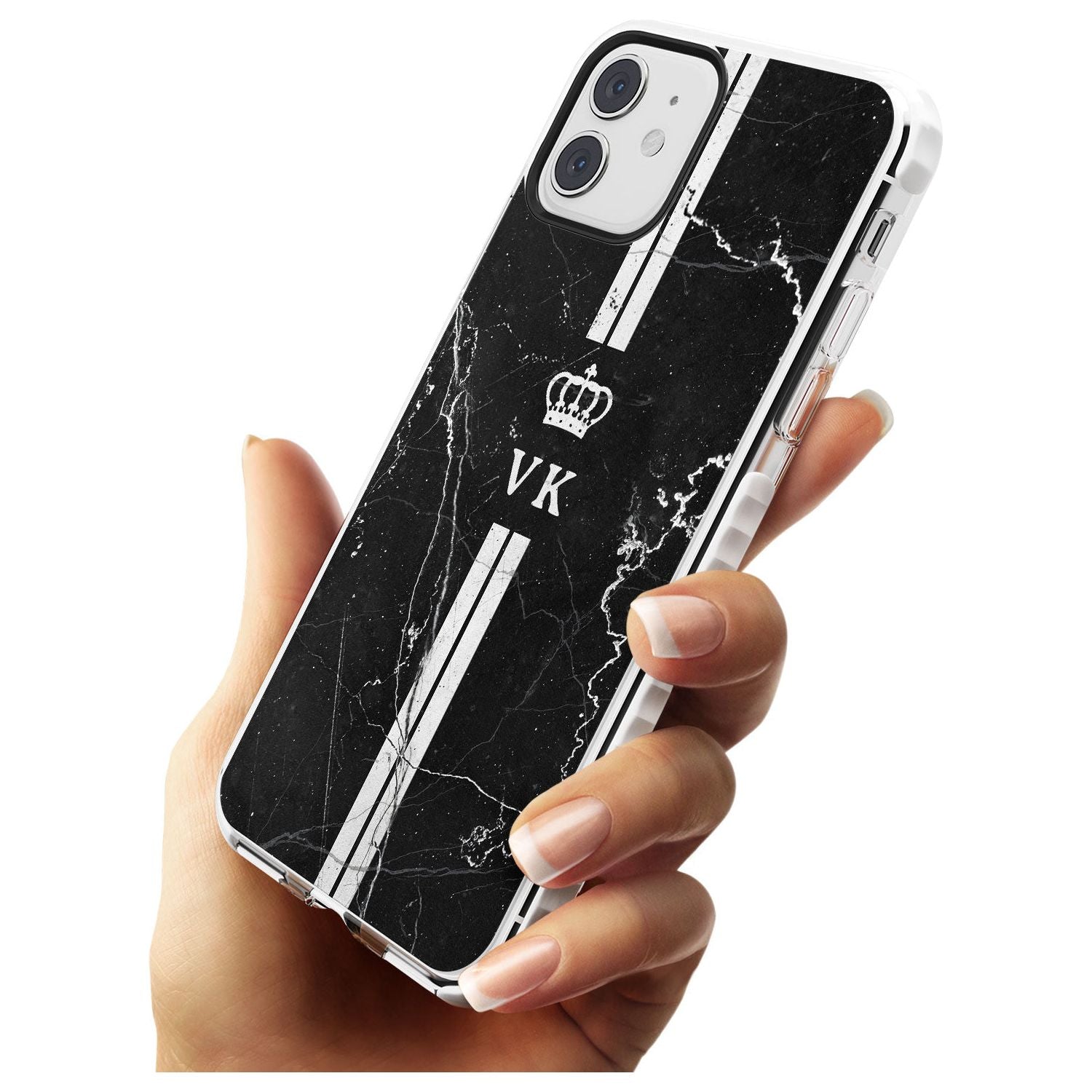 Stripes + Initials with Crown on Black Marble Impact Phone Case for iPhone 11