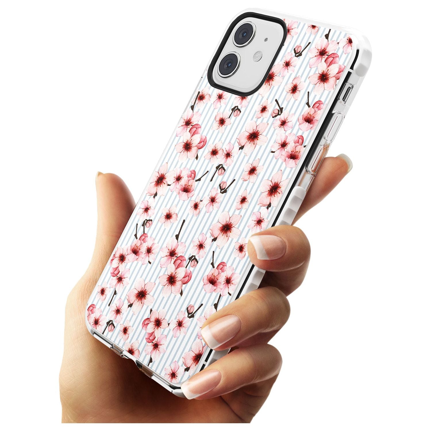 Cherry Blossoms on Blue Stripes Pattern Impact Phone Case for iPhone 11