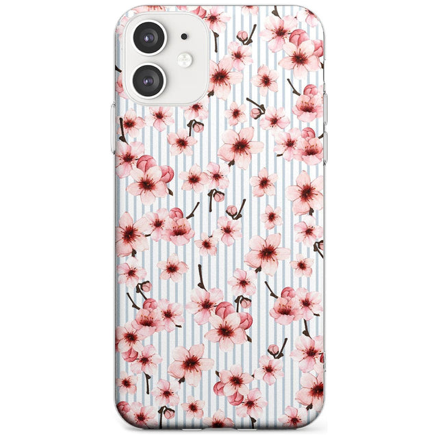 Cherry Blossoms on Blue Stripes Pattern Slim TPU Phone Case for iPhone 11