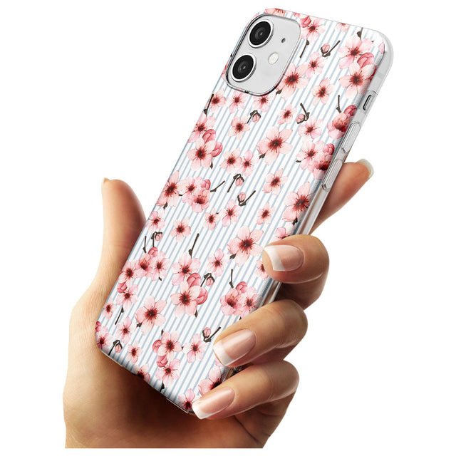 Cherry Blossoms on Blue Stripes Pattern Slim TPU Phone Case for iPhone 11