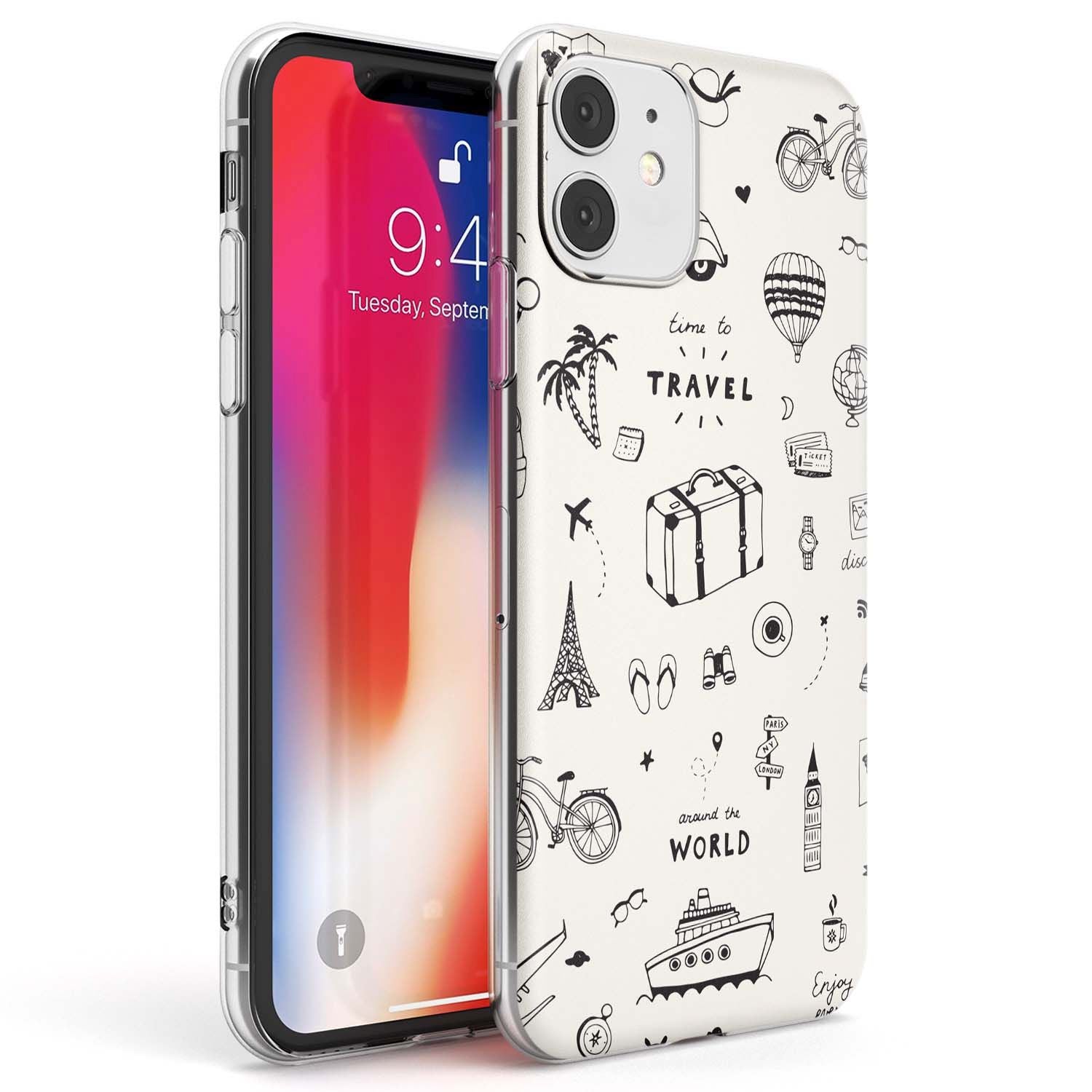 Cute Travel Pattern, White on Phone Case iPhone 11 / Clear Case,iPhone 12 / Clear Case,iPhone 12 Mini / Clear Case Blanc Space