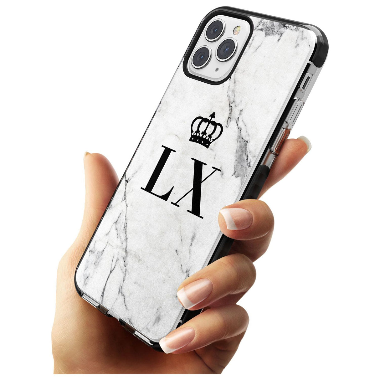 Personalised Initials with Crown on White Marble Black Impact Phone Case for iPhone 11 Pro Max