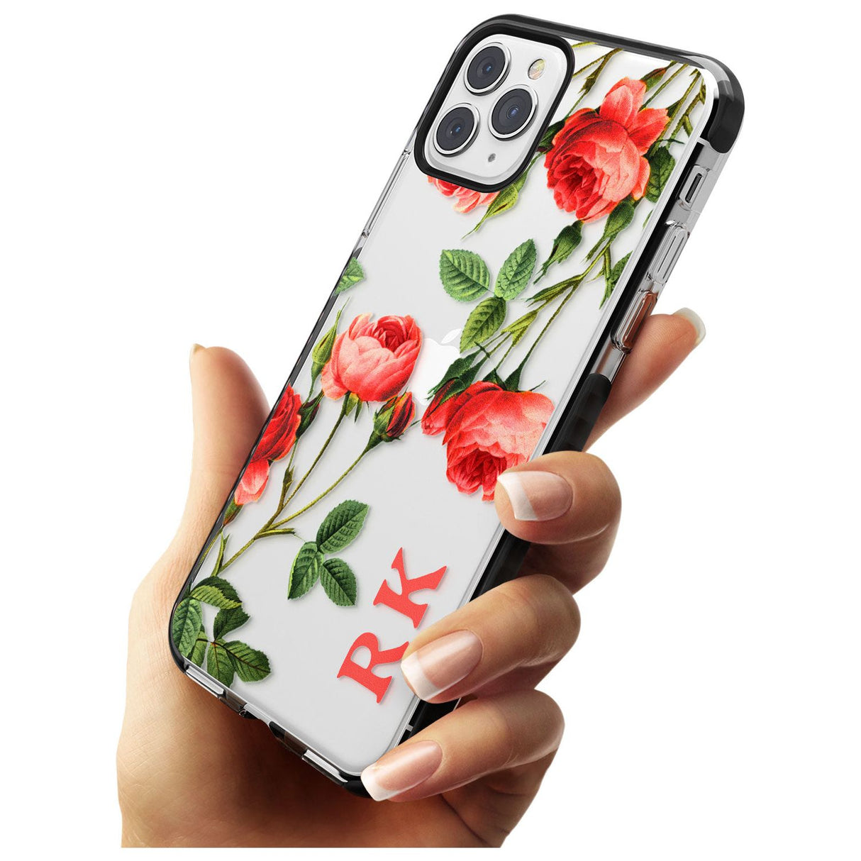 Custom Clear Vintage Floral Pink Roses Black Impact Phone Case for iPhone 11 Pro Max