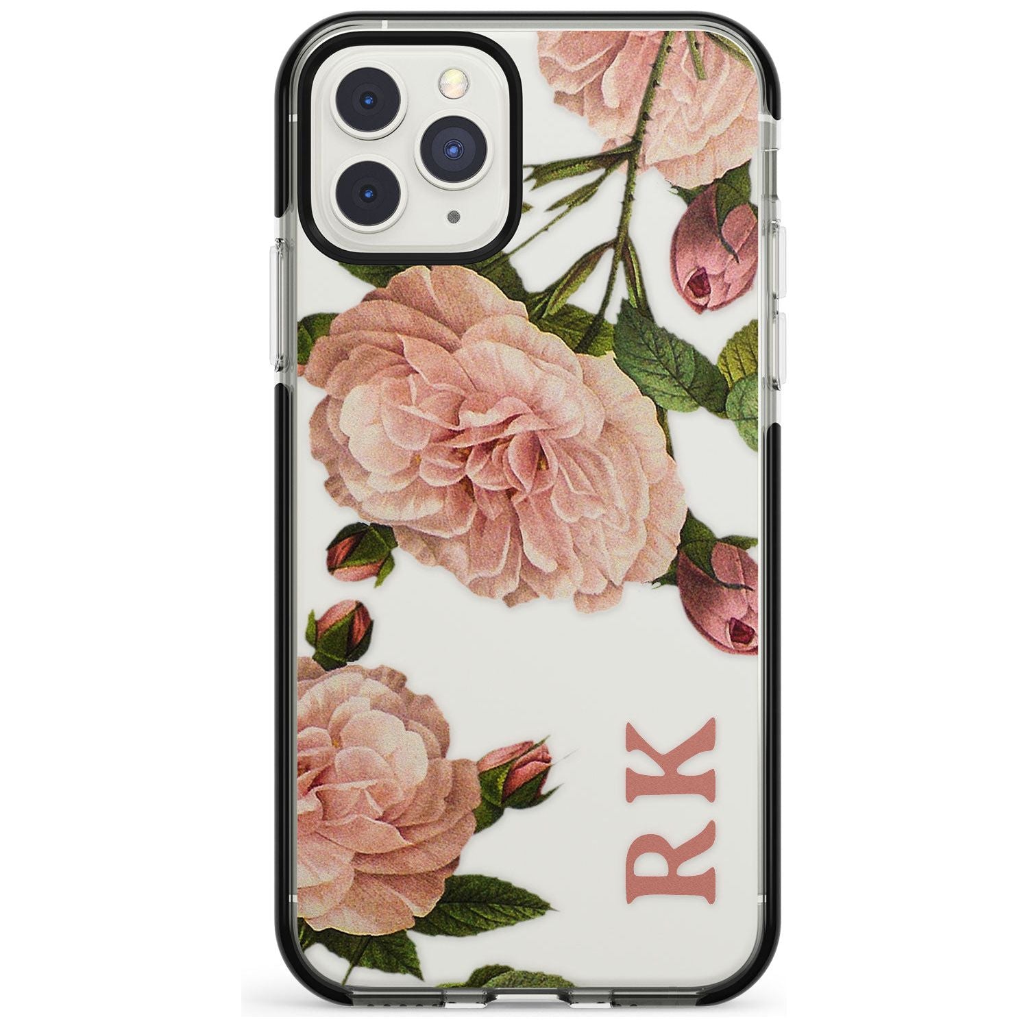 Custom Clear Vintage Floral Pale Pink Peonies Black Impact Phone Case for iPhone 11 Pro Max