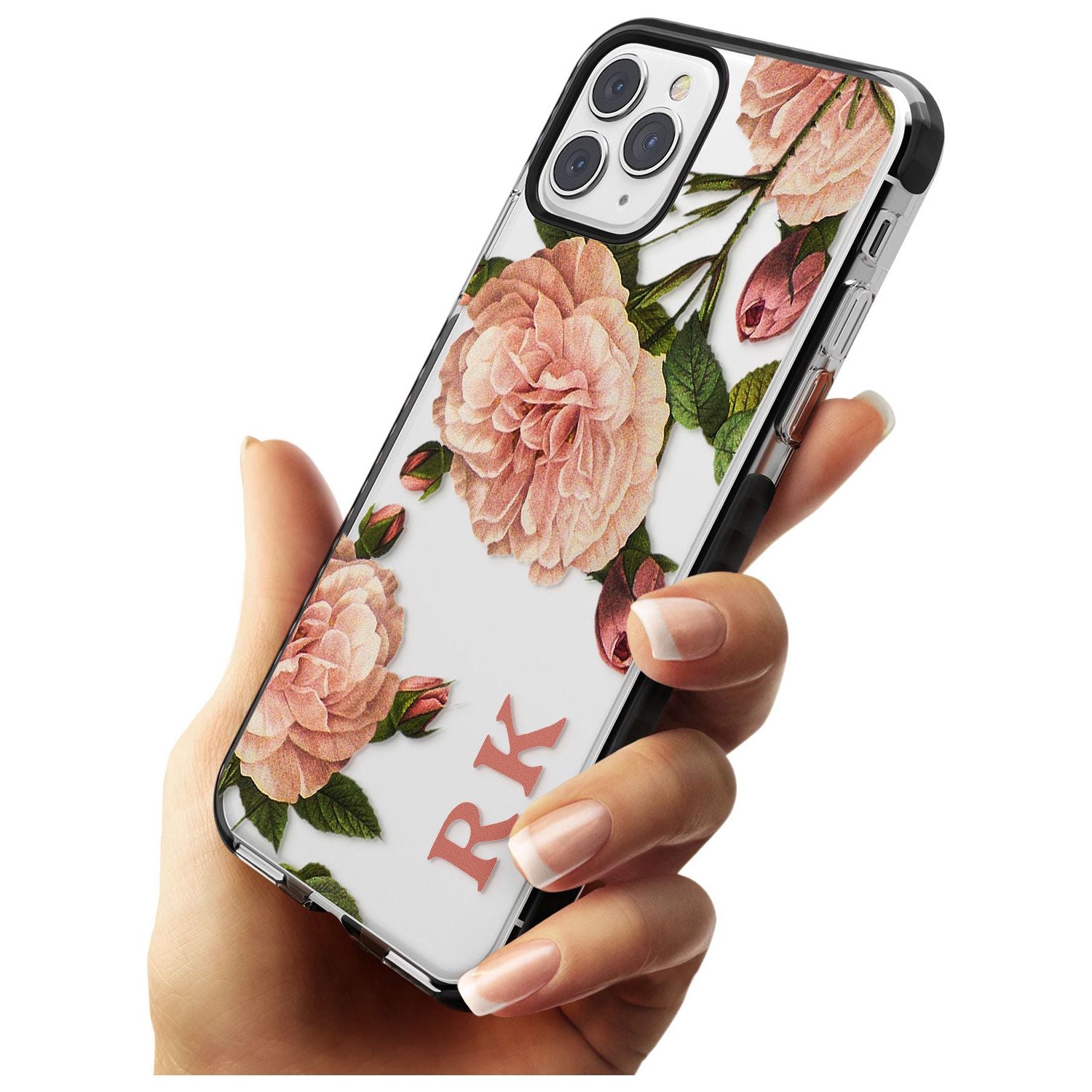Custom Clear Vintage Floral Pale Pink Peonies Black Impact Phone Case for iPhone 11 Pro Max