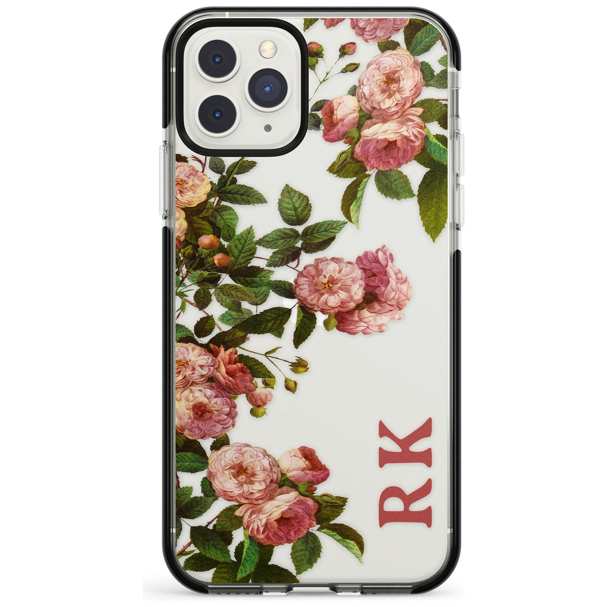 Custom Clear Vintage Floral Pink Garden Roses Black Impact Phone Case for iPhone 11 Pro Max