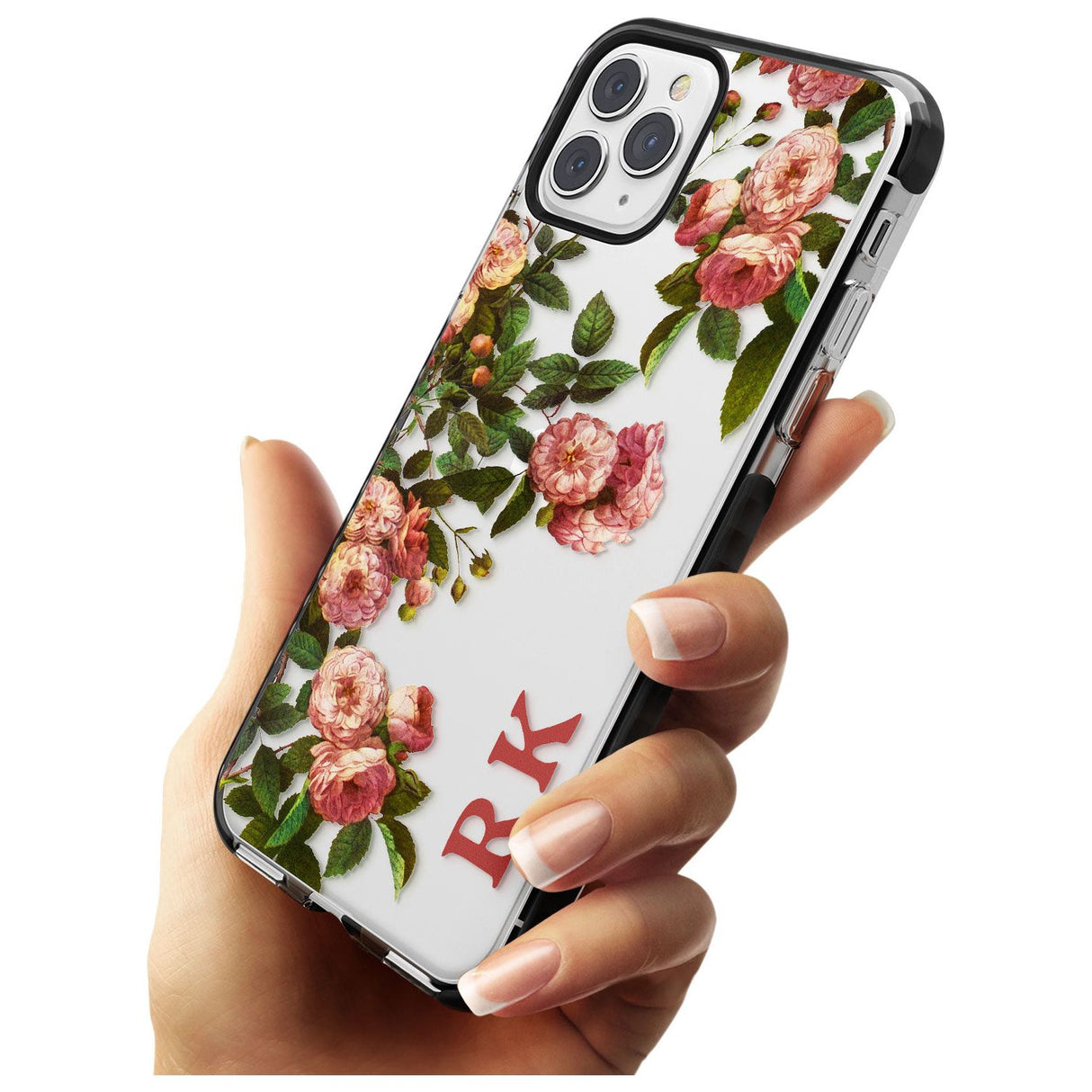 Custom Clear Vintage Floral Pink Garden Roses Black Impact Phone Case for iPhone 11 Pro Max