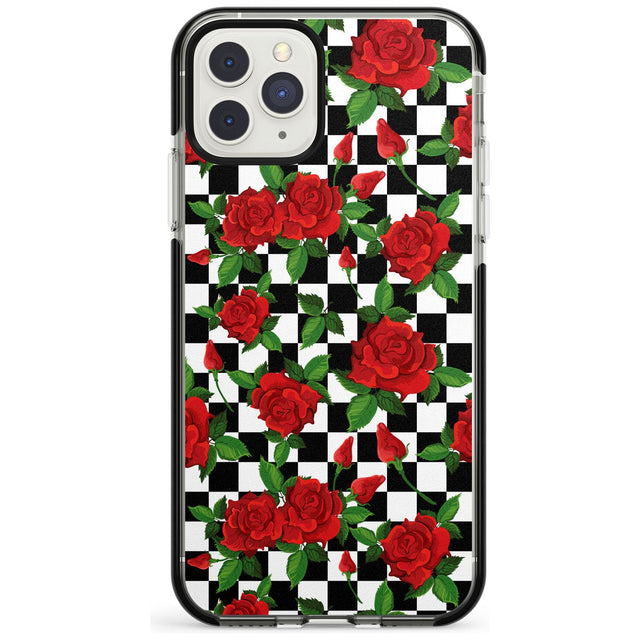Checkered Pattern & Red Roses Black Impact Phone Case for iPhone 11 Pro Max